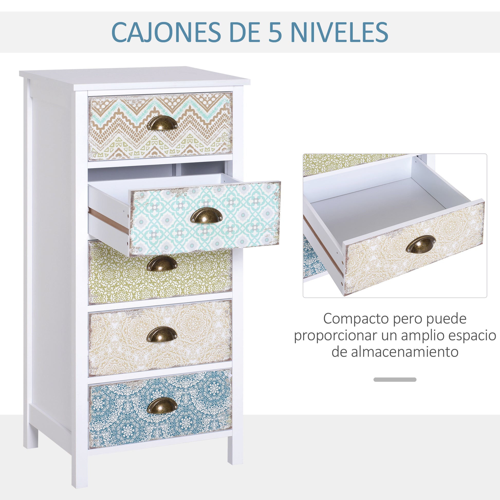 Bedroom Chest of Drawers with 5 Drawers with Patterned Fronts and Vintage Handles Chest of Drawers for Living Room Office 46x34x97.5 cm Multicolor