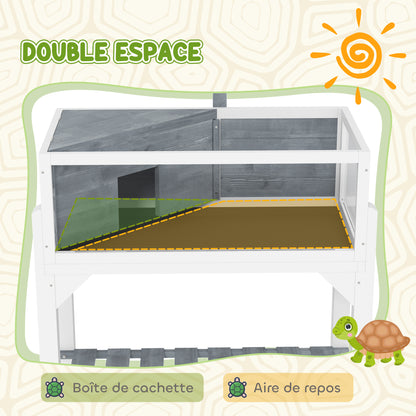 2-Zone Raised Tortoise Enclosure with Opening Top, Lamp Mount & Panoramic View – 84.5 x 47.5 x 90 cm (Gray)