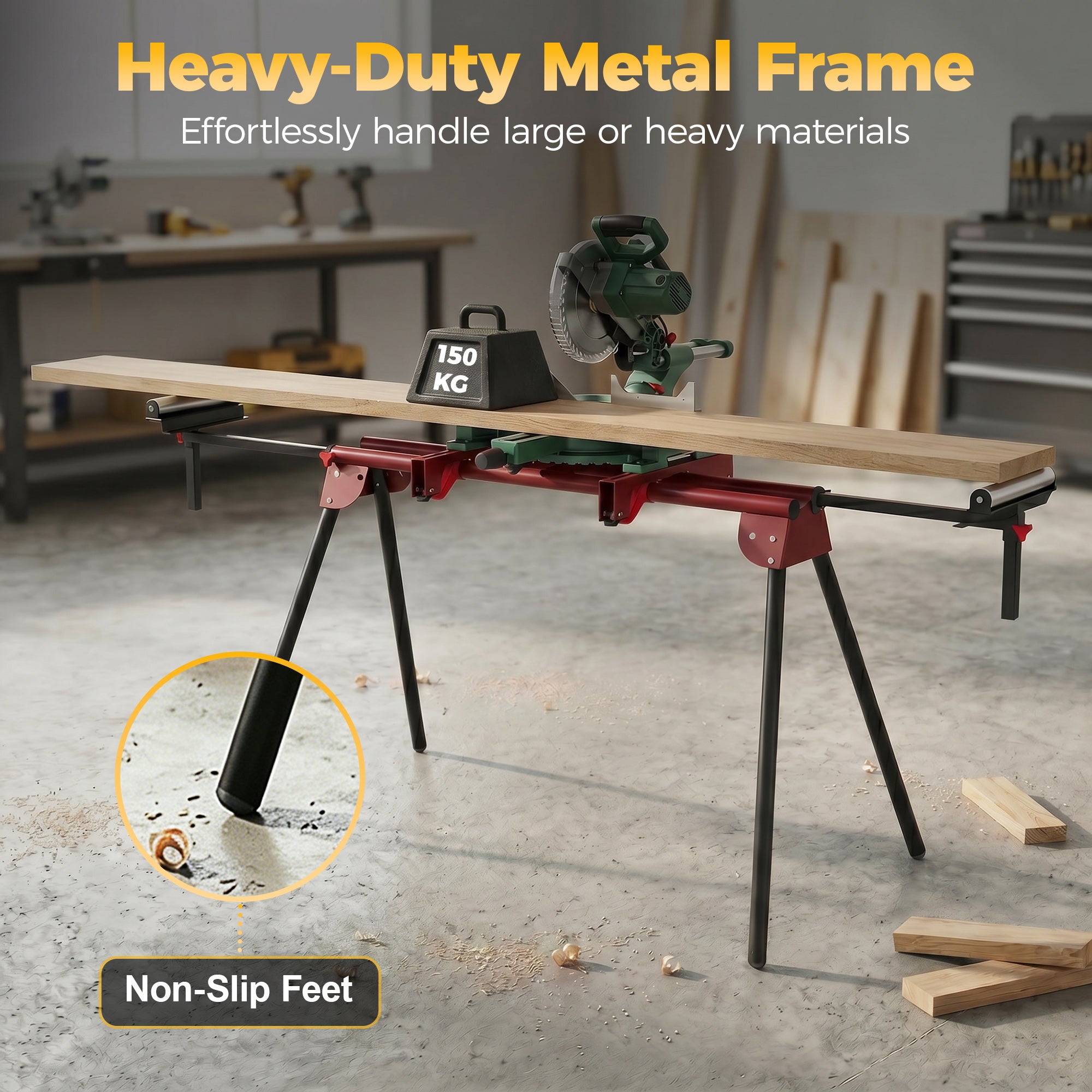 2-Pack Folding Adjustable Saw Horse – Metal Work Stand with Extendable Roller Supports, Height Adjustable, Supports up to 331 lb, Red