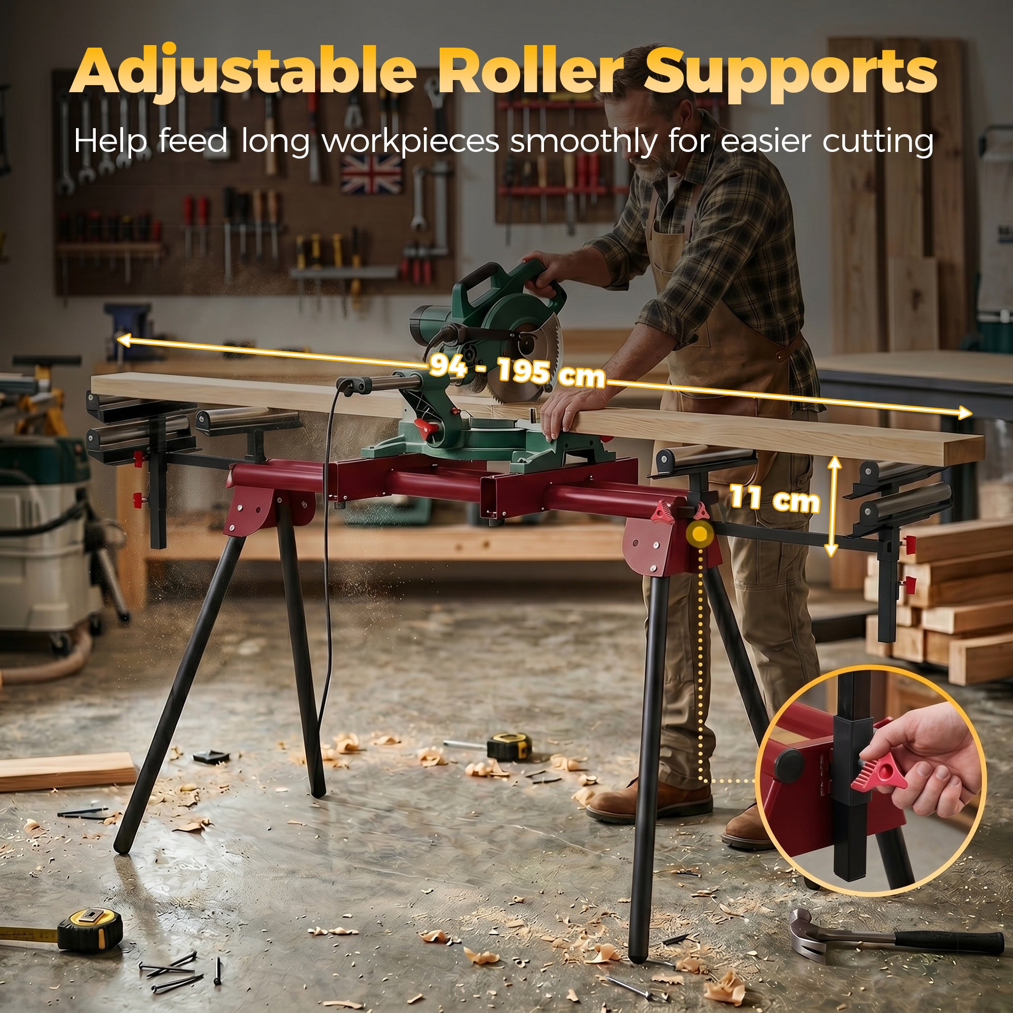 2-Pack Folding Adjustable Saw Horse – Metal Work Stand with Extendable Roller Supports, Height Adjustable, Supports up to 331 lb, Red
