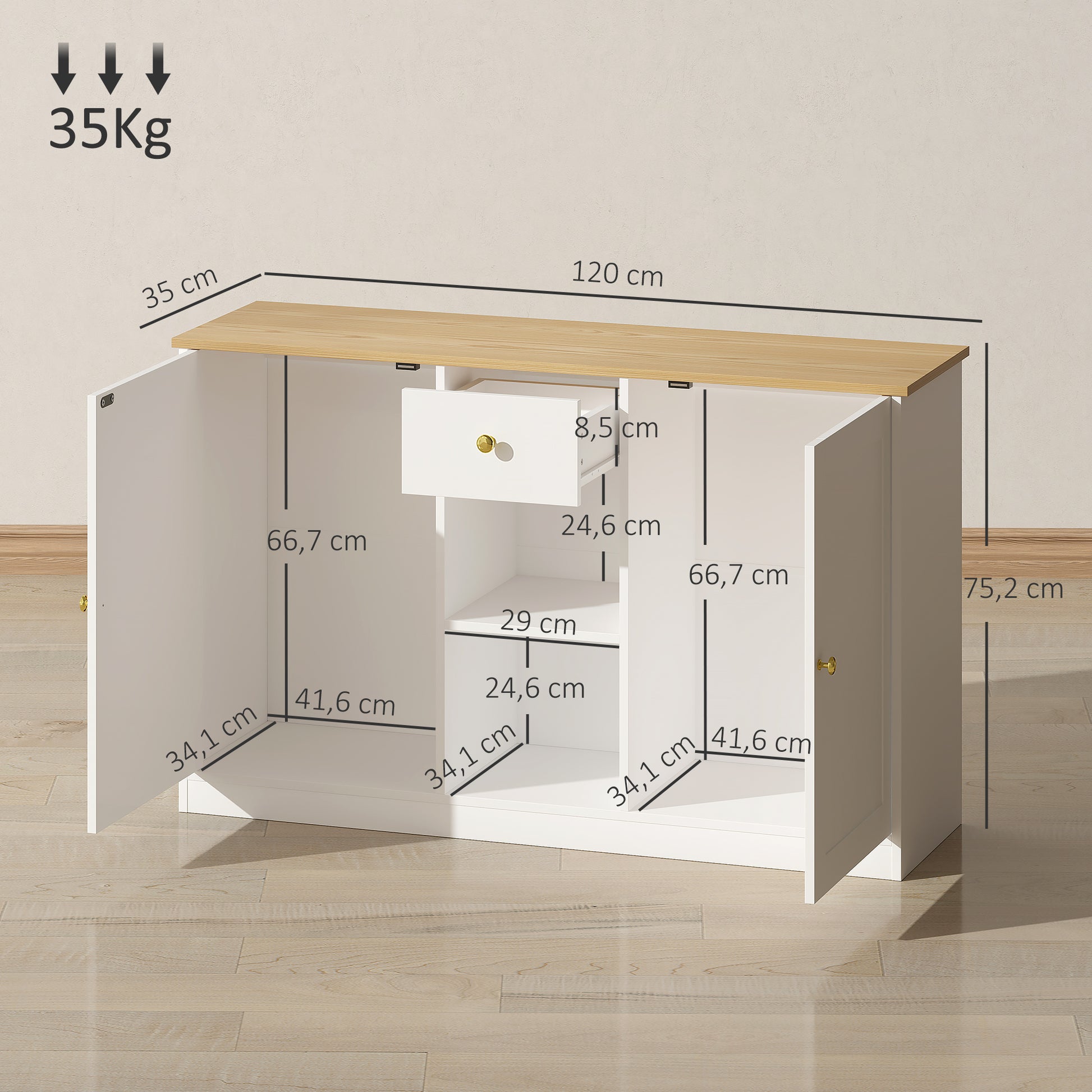 Sideboard Chest of Drawers Storage Cabinet with Drawer, 2 Doors, 2 Open Shelves, Kitchen Cabinet Buffet Cabinet Sideboard for Kitchen, Living Room, 120 x 35 x 75.2 cm White