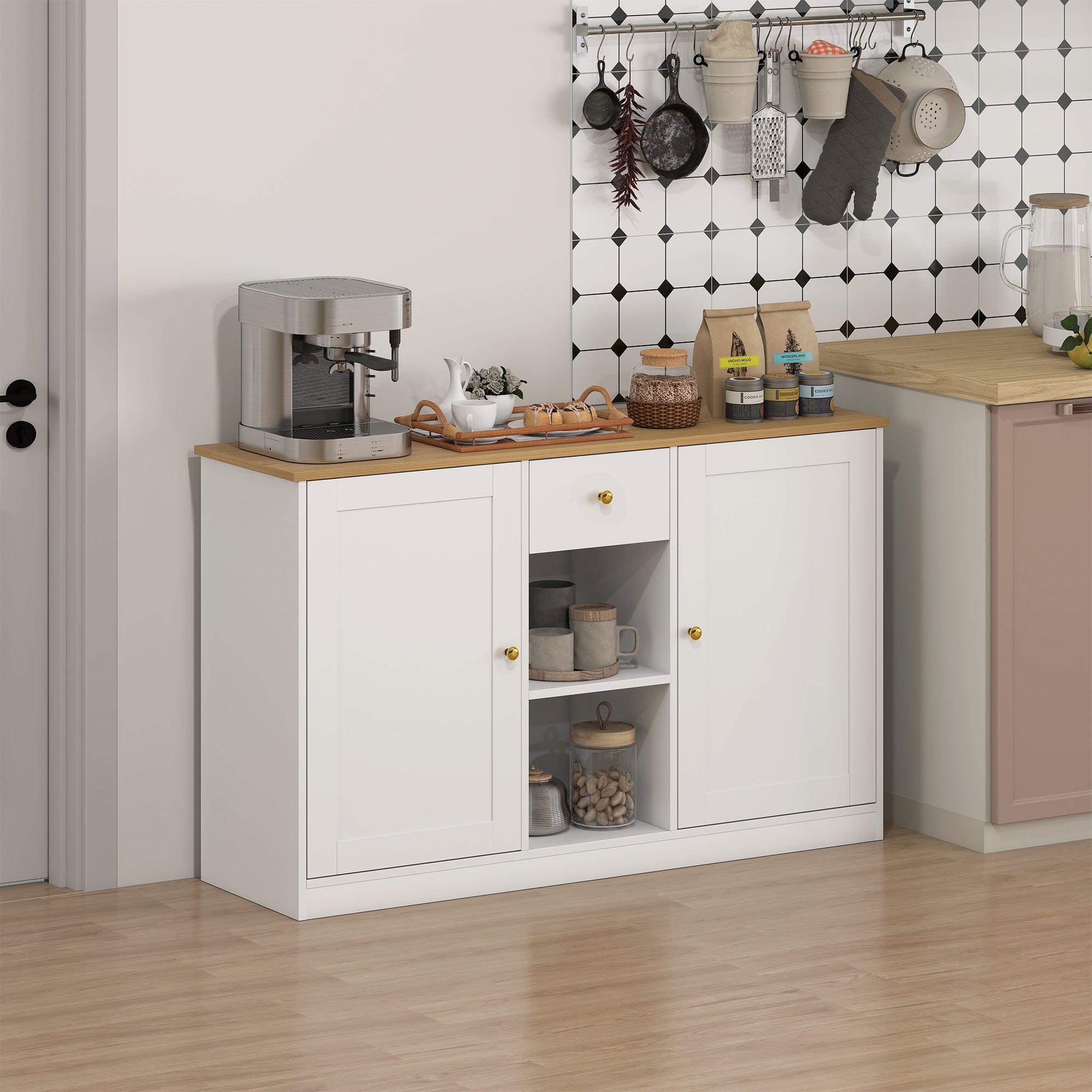 Sideboard Chest of Drawers Storage Cabinet with Drawer, 2 Doors, 2 Open Shelves, Kitchen Cabinet Buffet Cabinet Sideboard for Kitchen, Living Room, 120 x 35 x 75.2 cm White