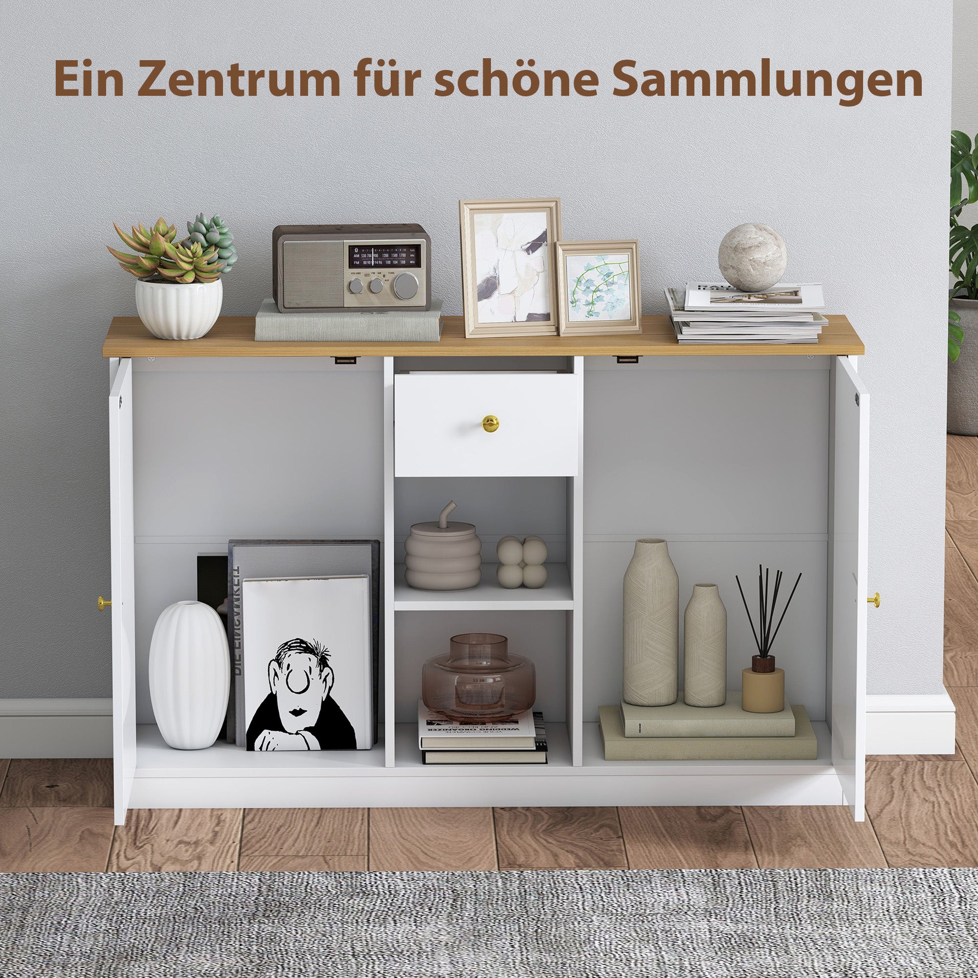Sideboard Chest of Drawers Storage Cabinet with Drawer, 2 Doors, 2 Open Shelves, Kitchen Cabinet Buffet Cabinet Sideboard for Kitchen, Living Room, 120 x 35 x 75.2 cm White