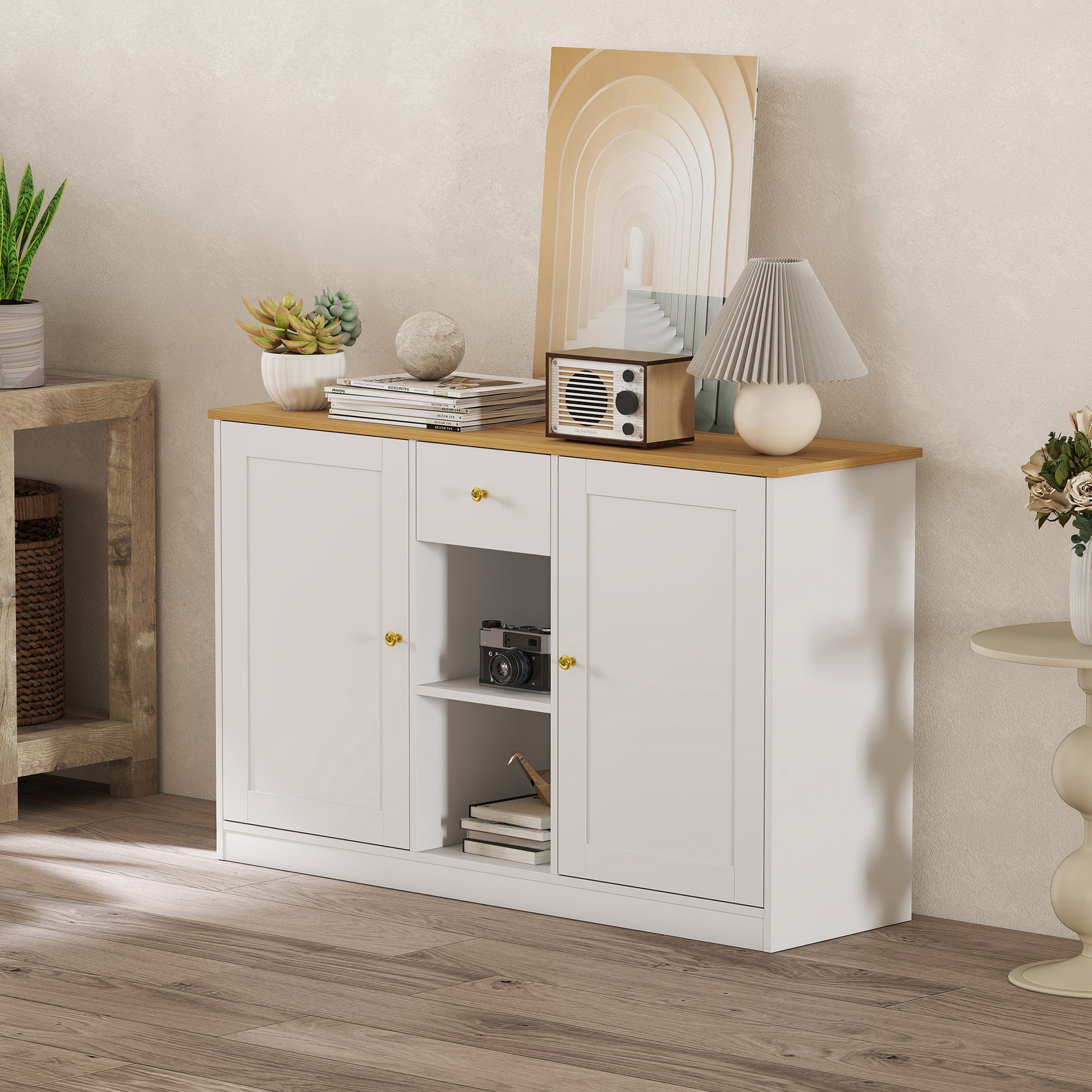 Sideboard Chest of Drawers Storage Cabinet with Drawer, 2 Doors, 2 Open Shelves, Kitchen Cabinet Buffet Cabinet Sideboard for Kitchen, Living Room, 120 x 35 x 75.2 cm White