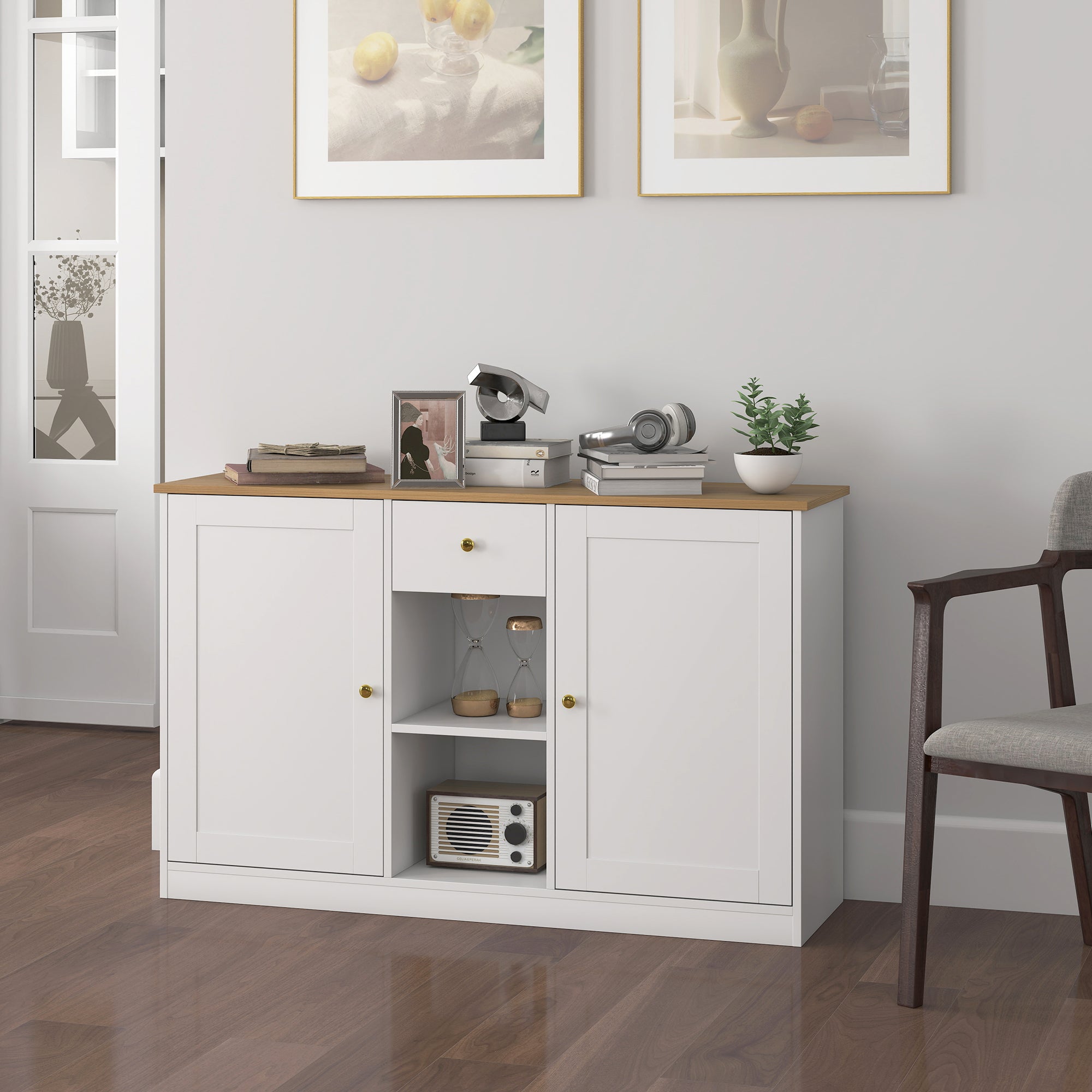 Sideboard Chest of Drawers Storage Cabinet with Drawer, 2 Doors, 2 Open Shelves, Kitchen Cabinet Buffet Cabinet Sideboard for Kitchen, Living Room, 120 x 35 x 75.2 cm White