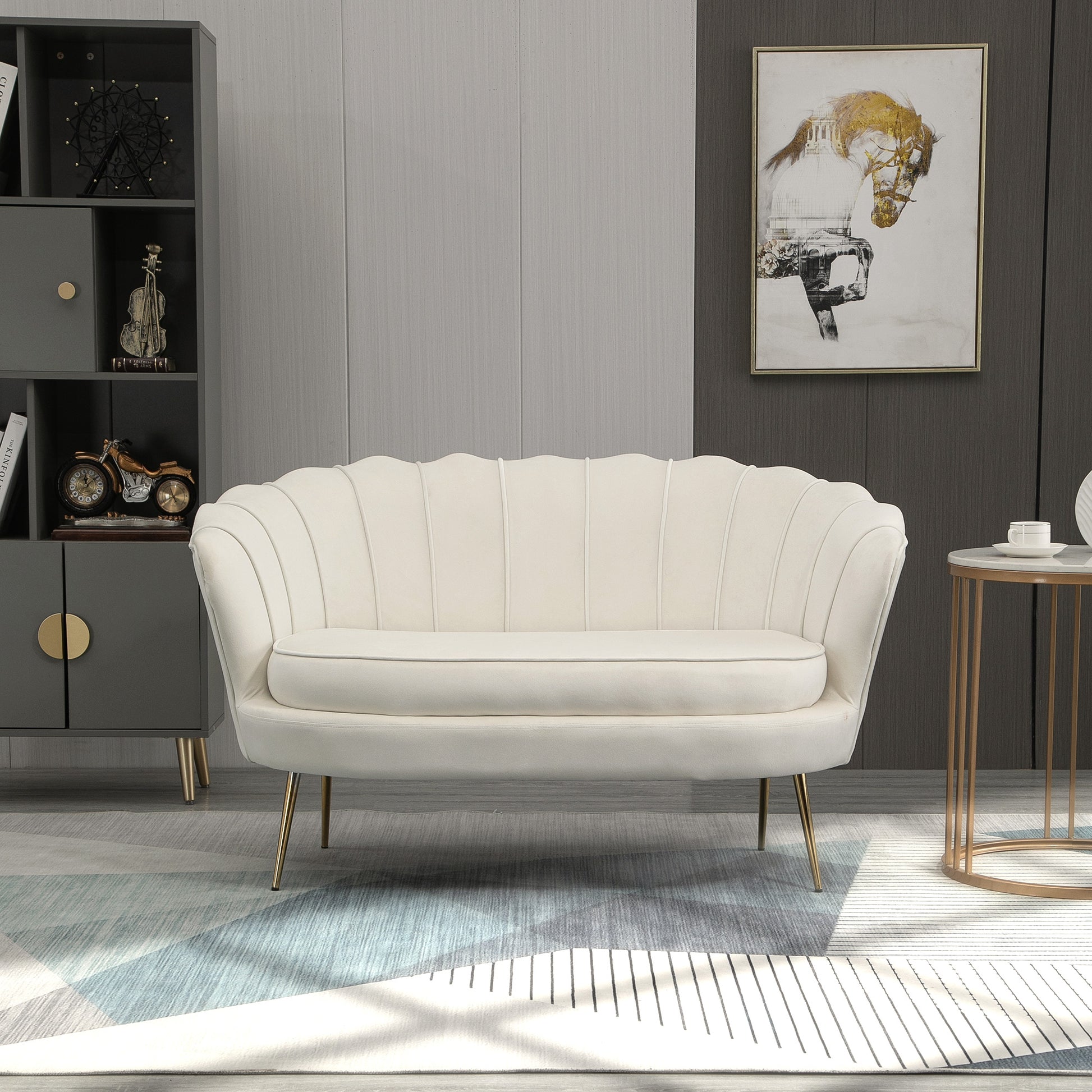 Sofa 2 Seater Couch with Armrest Thickly Padded Upholstered Sofa Modern Loveseat with Velvet Look for Living Room Bedroom, 130 x 77 x 77 cm, Cream White