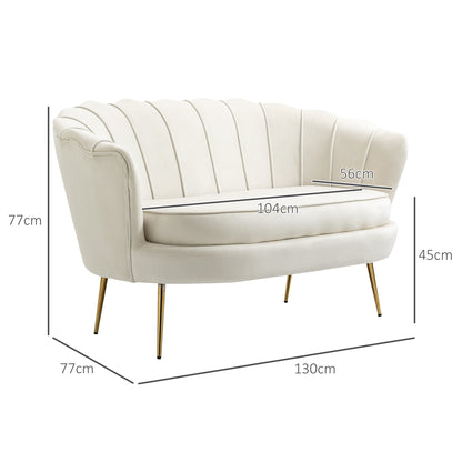 Sofa 2 Seater Couch with Armrest Thickly Padded Upholstered Sofa Modern Loveseat with Velvet Look for Living Room Bedroom, 130 x 77 x 77 cm, Cream White