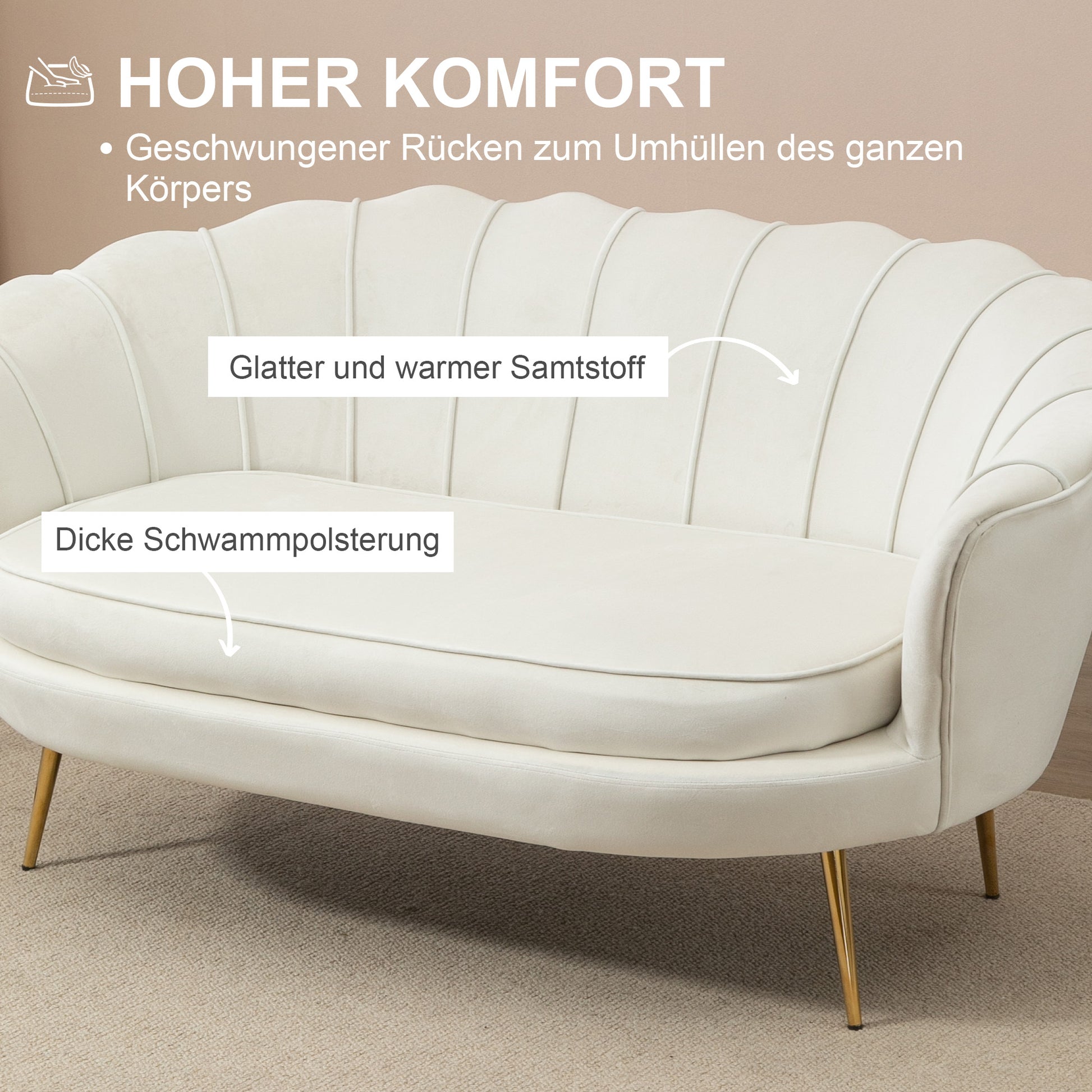 Sofa 2 Seater Couch with Armrest Thickly Padded Upholstered Sofa Modern Loveseat with Velvet Look for Living Room Bedroom, 130 x 77 x 77 cm, Cream White