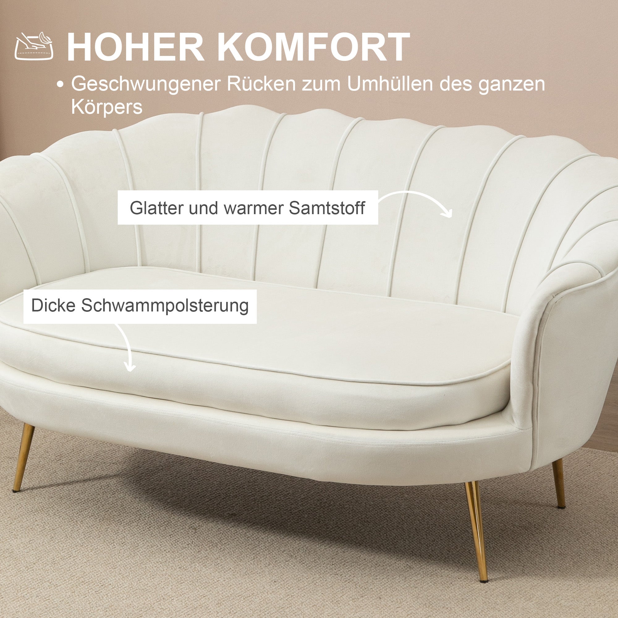 Sofa 2 Seater Couch with Armrest Thickly Padded Upholstered Sofa Modern Loveseat with Velvet Look for Living Room Bedroom, 130 x 77 x 77 cm, Cream White