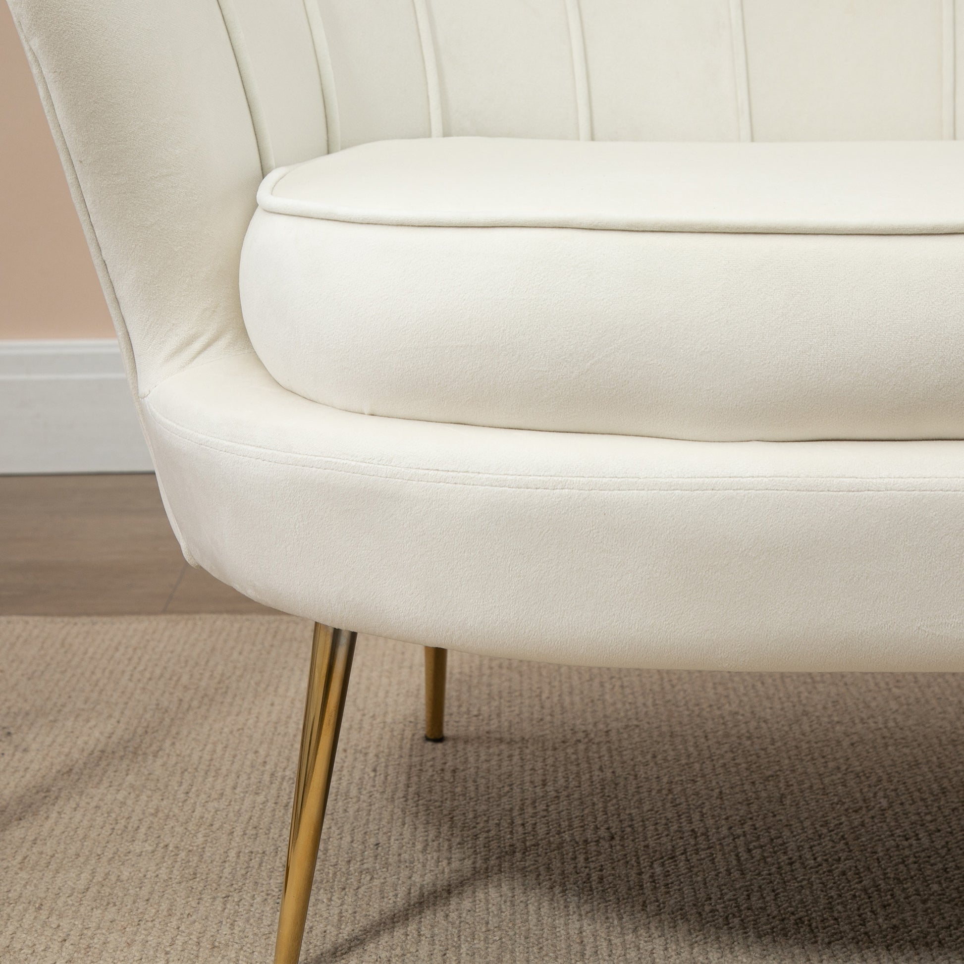 Sofa 2 Seater Couch with Armrest Thickly Padded Upholstered Sofa Modern Loveseat with Velvet Look for Living Room Bedroom, 130 x 77 x 77 cm, Cream White