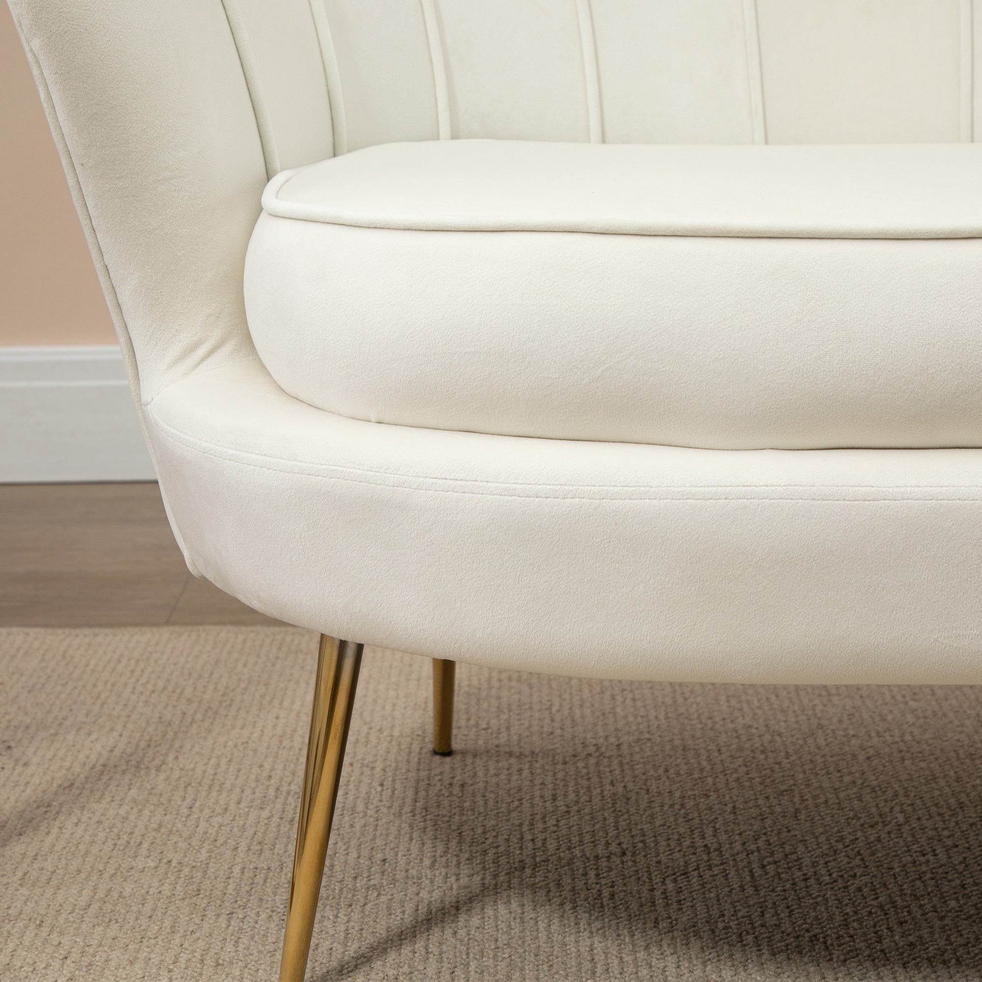 Sofa 2 Seater Couch with Armrest Thickly Padded Upholstered Sofa Modern Loveseat with Velvet Look for Living Room Bedroom, 130 x 77 x 77 cm, Cream White