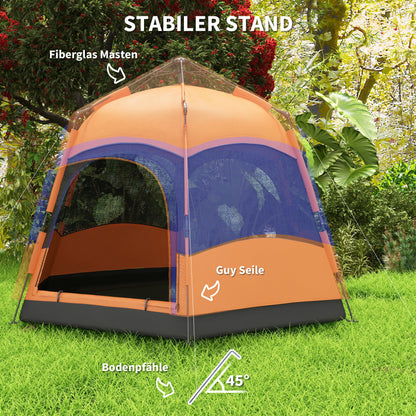 Double-Layer Instant Pop-Up Tent with Rainfly, Outdoor Family Tent for 4 People Waterproof Hexagonal 4-Season Dome Tent with Groundsheet 2 Doors Mosquito Net Carry Bag Orange