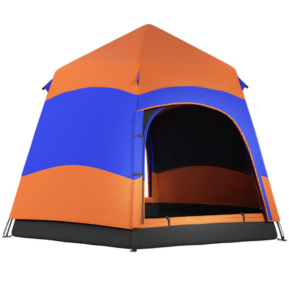 Double-Layer Instant Pop-Up Tent with Rainfly, Outdoor Family Tent for 4 People Waterproof Hexagonal 4-Season Dome Tent with Groundsheet 2 Doors Mosquito Net Carry Bag Orange