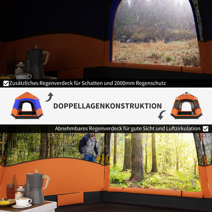 Double-Layer Instant Pop-Up Tent with Rainfly, Outdoor Family Tent for 4 People Waterproof Hexagonal 4-Season Dome Tent with Groundsheet 2 Doors Mosquito Net Carry Bag Orange