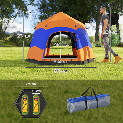Double-Layer Instant Pop-Up Tent with Rainfly, Outdoor Family Tent for 4 People Waterproof Hexagonal 4-Season Dome Tent with Groundsheet 2 Doors Mosquito Net Carry Bag Orange