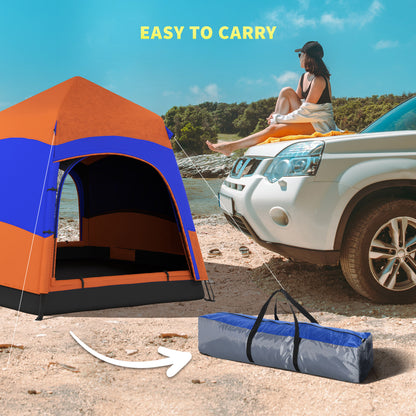 Double-Layer Instant Pop-Up Tent with Rainfly, Outdoor Family Tent for 4 People Waterproof Hexagonal 4-Season Dome Tent with Groundsheet 2 Doors Mosquito Net Carry Bag Orange