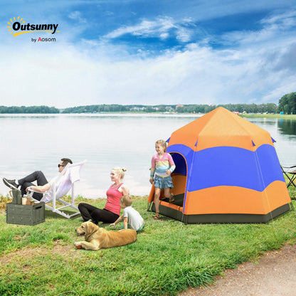 Double-Layer Instant Pop-Up Tent with Rainfly, Outdoor Family Tent for 4 People Waterproof Hexagonal 4-Season Dome Tent with Groundsheet 2 Doors Mosquito Net Carry Bag Orange