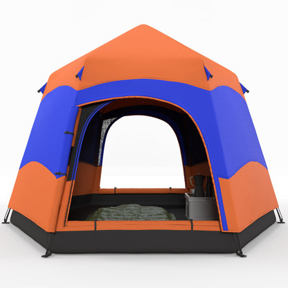 Double-Layer Instant Pop-Up Tent with Rainfly, Outdoor Family Tent for 4 People Waterproof Hexagonal 4-Season Dome Tent with Groundsheet 2 Doors Mosquito Net Carry Bag Orange
