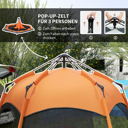 Double-Layer Instant Pop-Up Tent with Rainfly, Outdoor Family Tent for 4 People Waterproof Hexagonal 4-Season Dome Tent with Groundsheet 2 Doors Mosquito Net Carry Bag Orange
