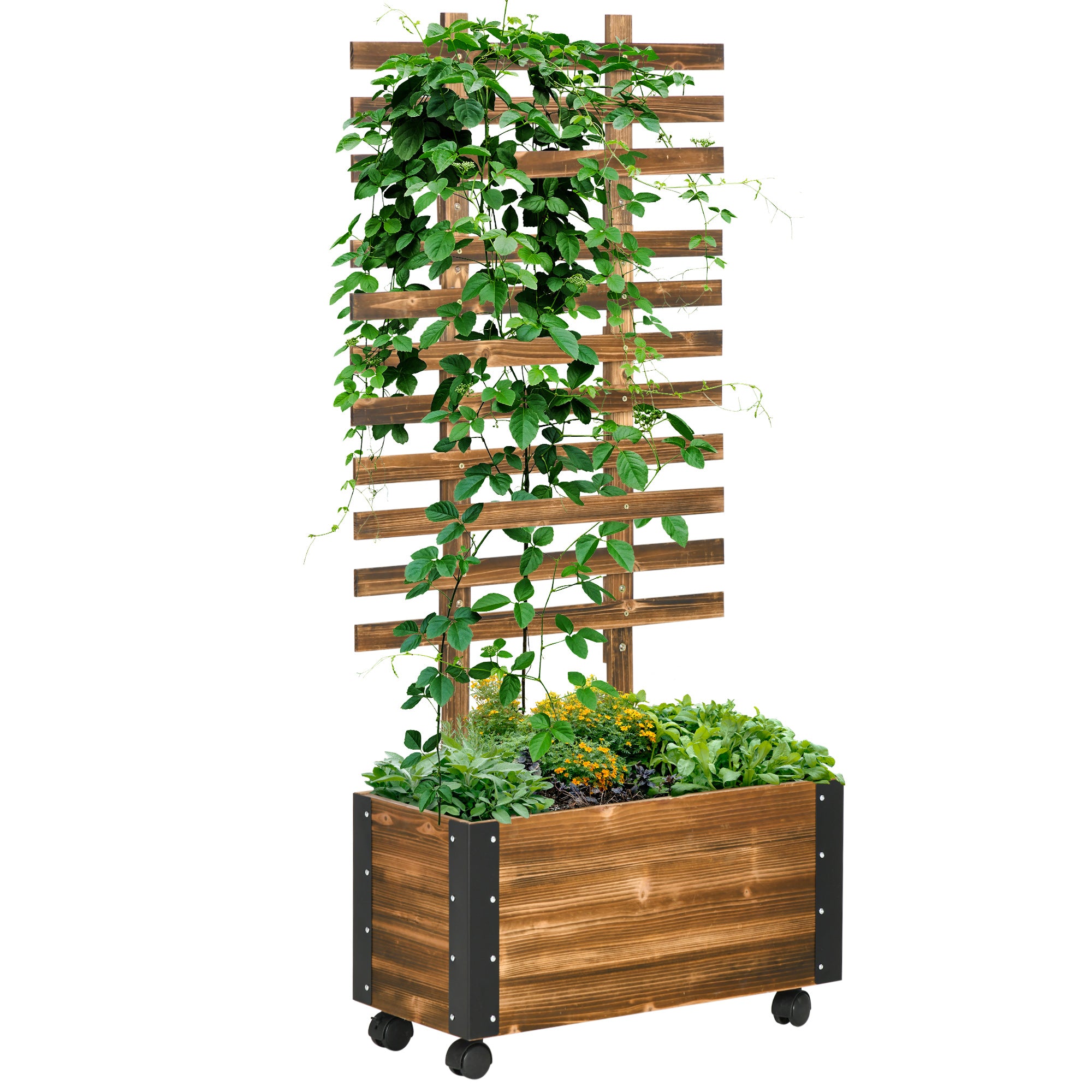 Raised Garden Bed Plant Box with Trellis, Trellis Planter Flower Box Wood, Vegetable Bed with Wheels, Trellis, Garden Trellis 65x31x147cm for Garden, for Climbing Plants, Flowers, Charcoal
