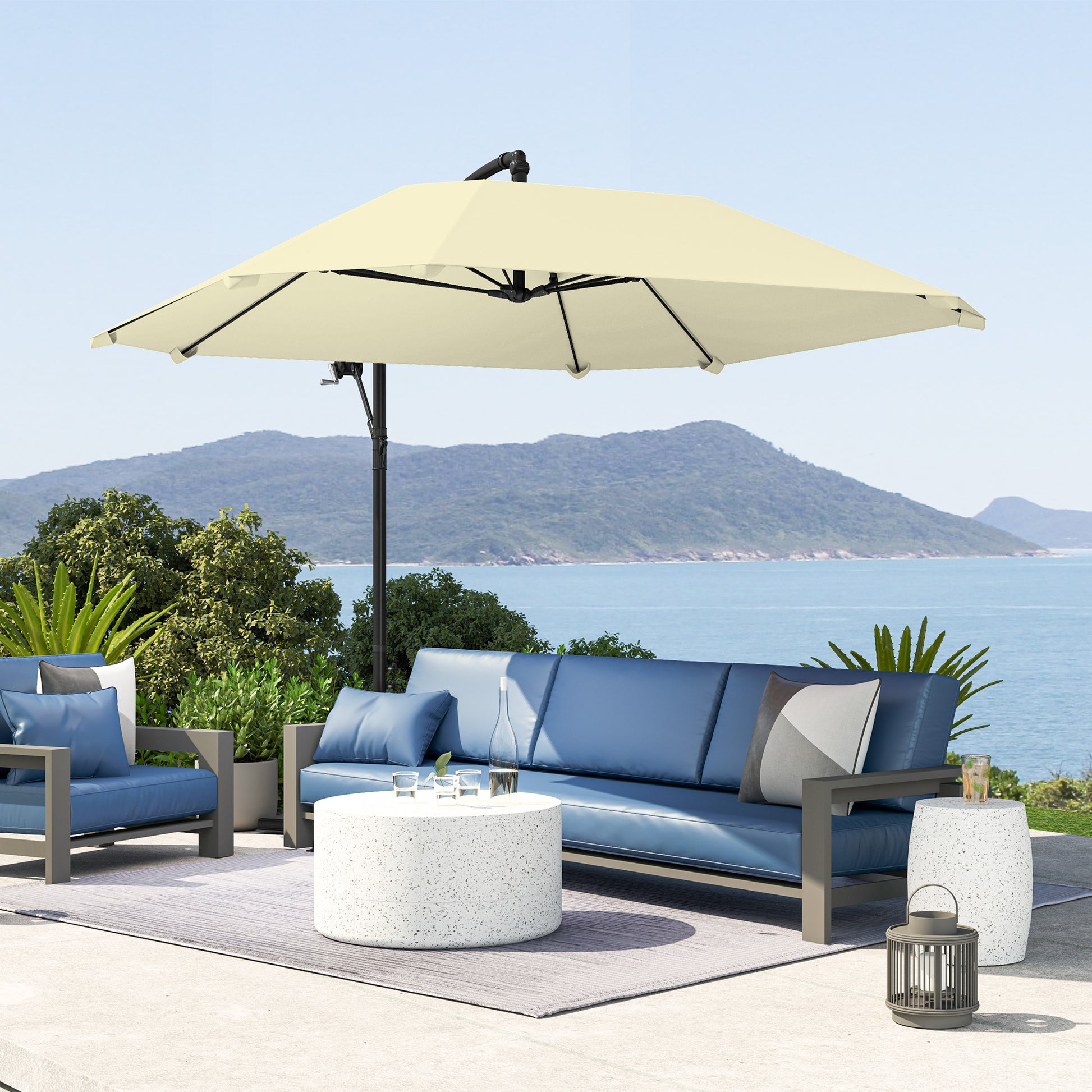 Offset Umbrella 2.6x2.6 m with Air Vents, 8 Ribs, Cross Base, and Crank, Tiltable and 360° Rotating Garden Umbrella in Metal and Polyester 180 g/m², Cream