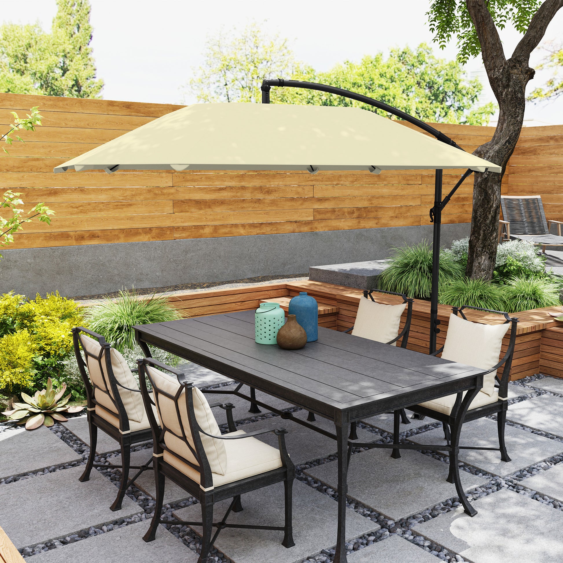 Offset Umbrella 2.6x2.6 m with Air Vents, 8 Ribs, Cross Base, and Crank, Tiltable and 360° Rotating Garden Umbrella in Metal and Polyester 180 g/m², Cream