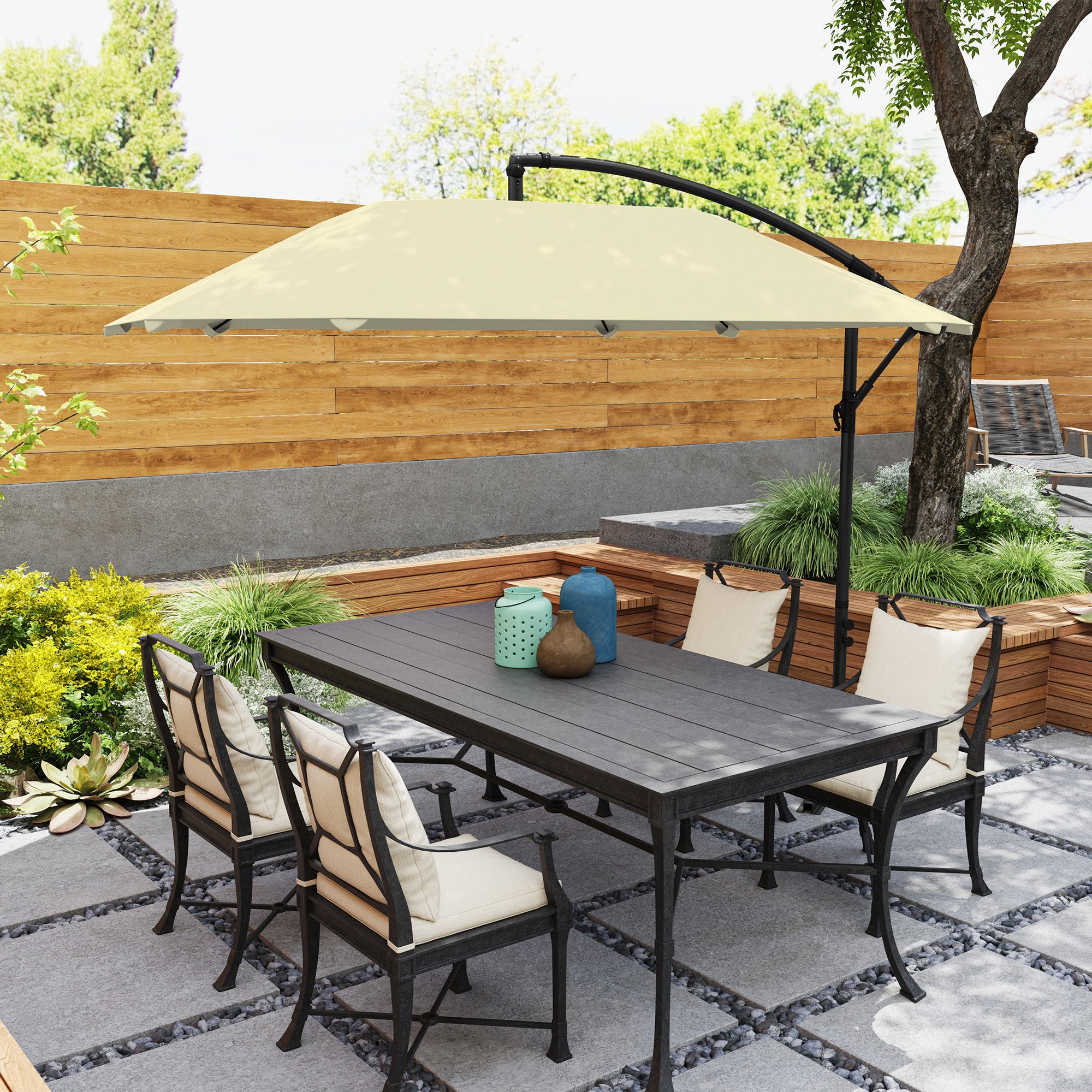 Offset Umbrella 2.6x2.6 m with Air Vents, 8 Ribs, Cross Base, and Crank, Tiltable and 360° Rotating Garden Umbrella in Metal and Polyester 180 g/m², Cream