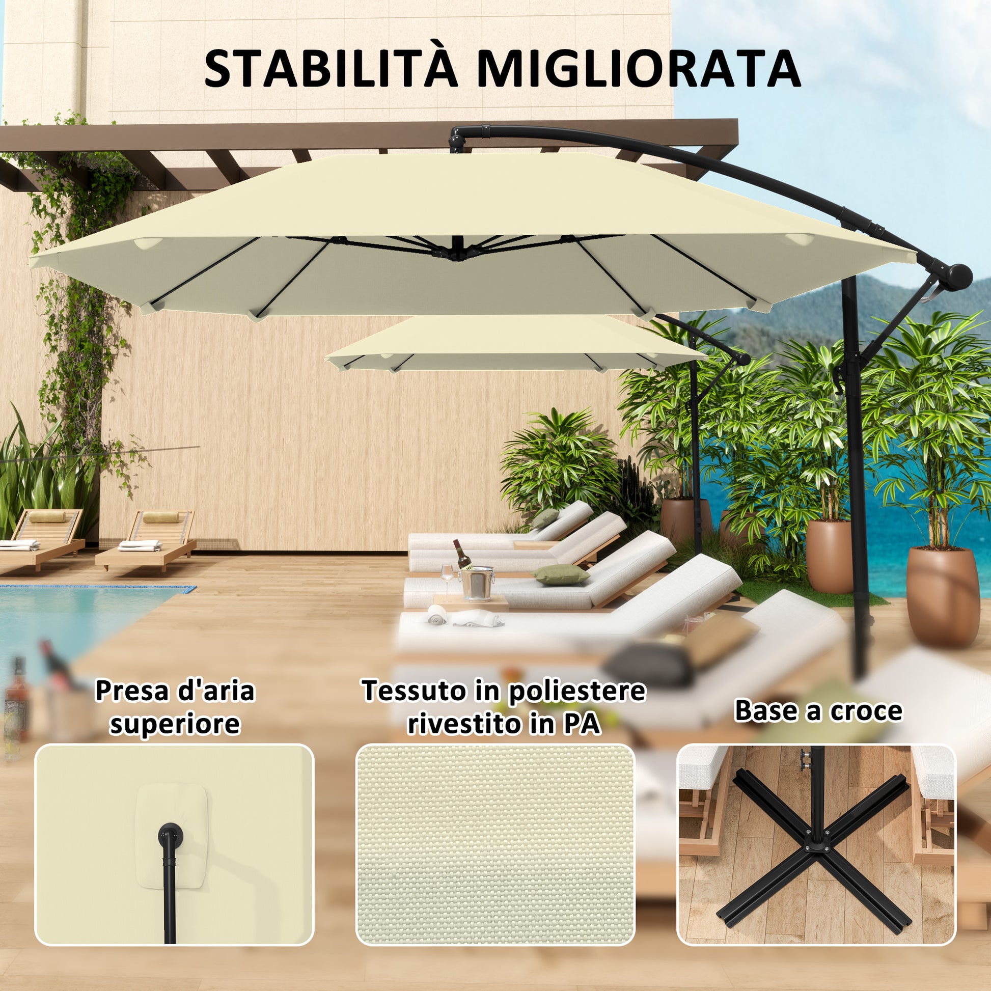 Offset Umbrella 2.6x2.6 m with Air Vents, 8 Ribs, Cross Base, and Crank, Tiltable and 360° Rotating Garden Umbrella in Metal and Polyester 180 g/m², Cream