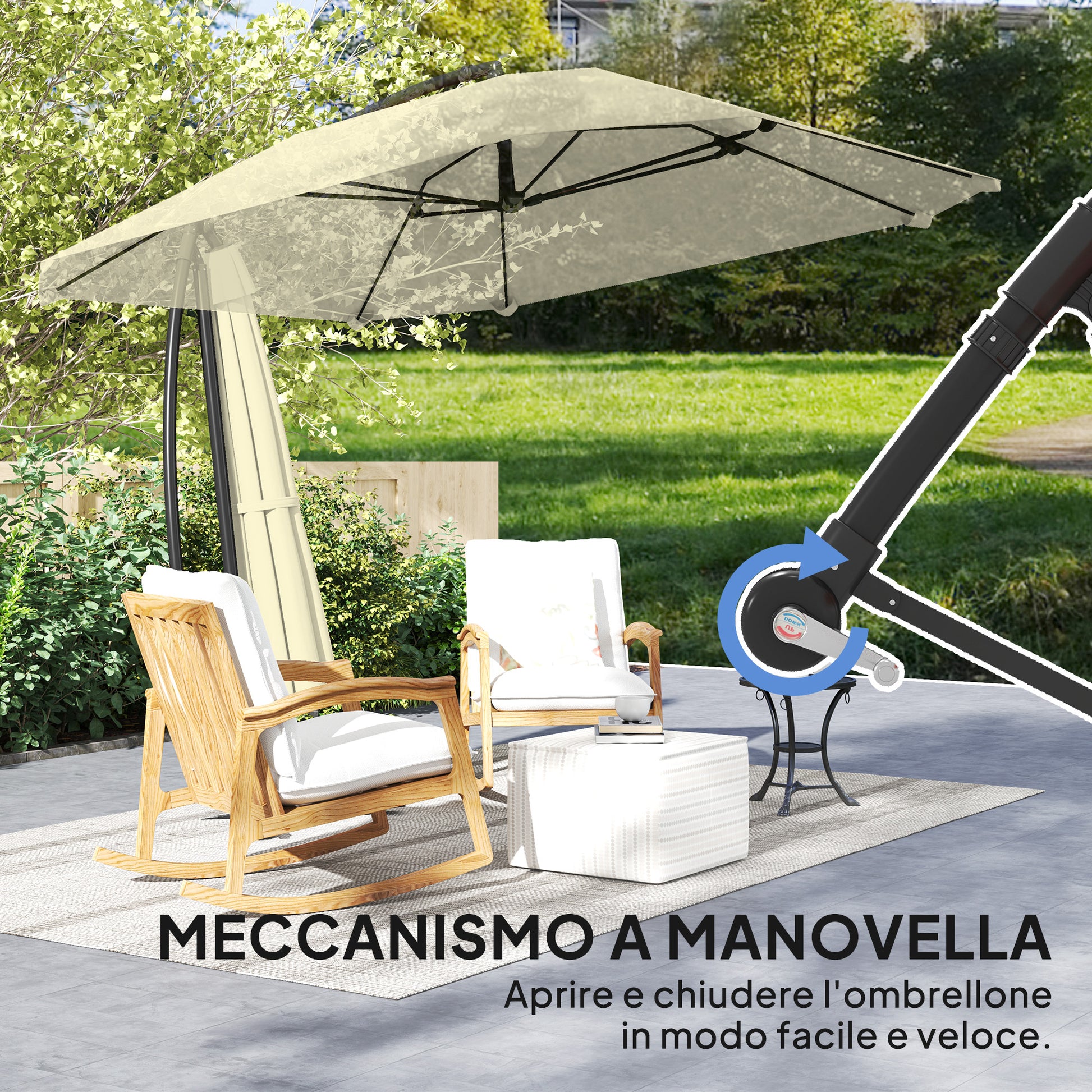 Offset Umbrella 2.6x2.6 m with Air Vents, 8 Ribs, Cross Base, and Crank, Tiltable and 360° Rotating Garden Umbrella in Metal and Polyester 180 g/m², Cream