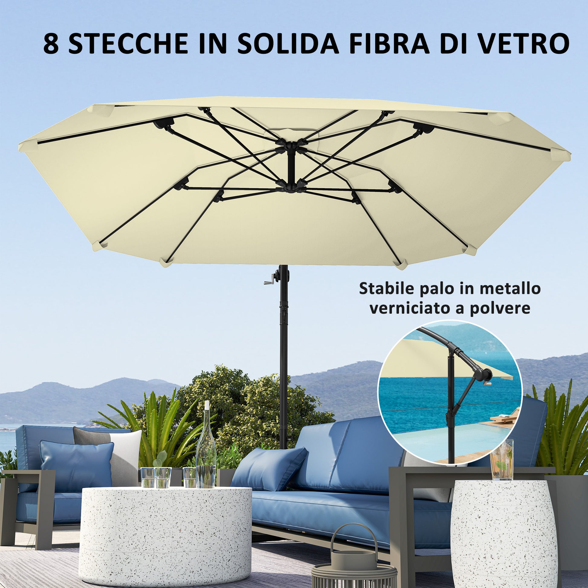 Offset Umbrella 2.6x2.6 m with Air Vents, 8 Ribs, Cross Base, and Crank, Tiltable and 360° Rotating Garden Umbrella in Metal and Polyester 180 g/m², Cream