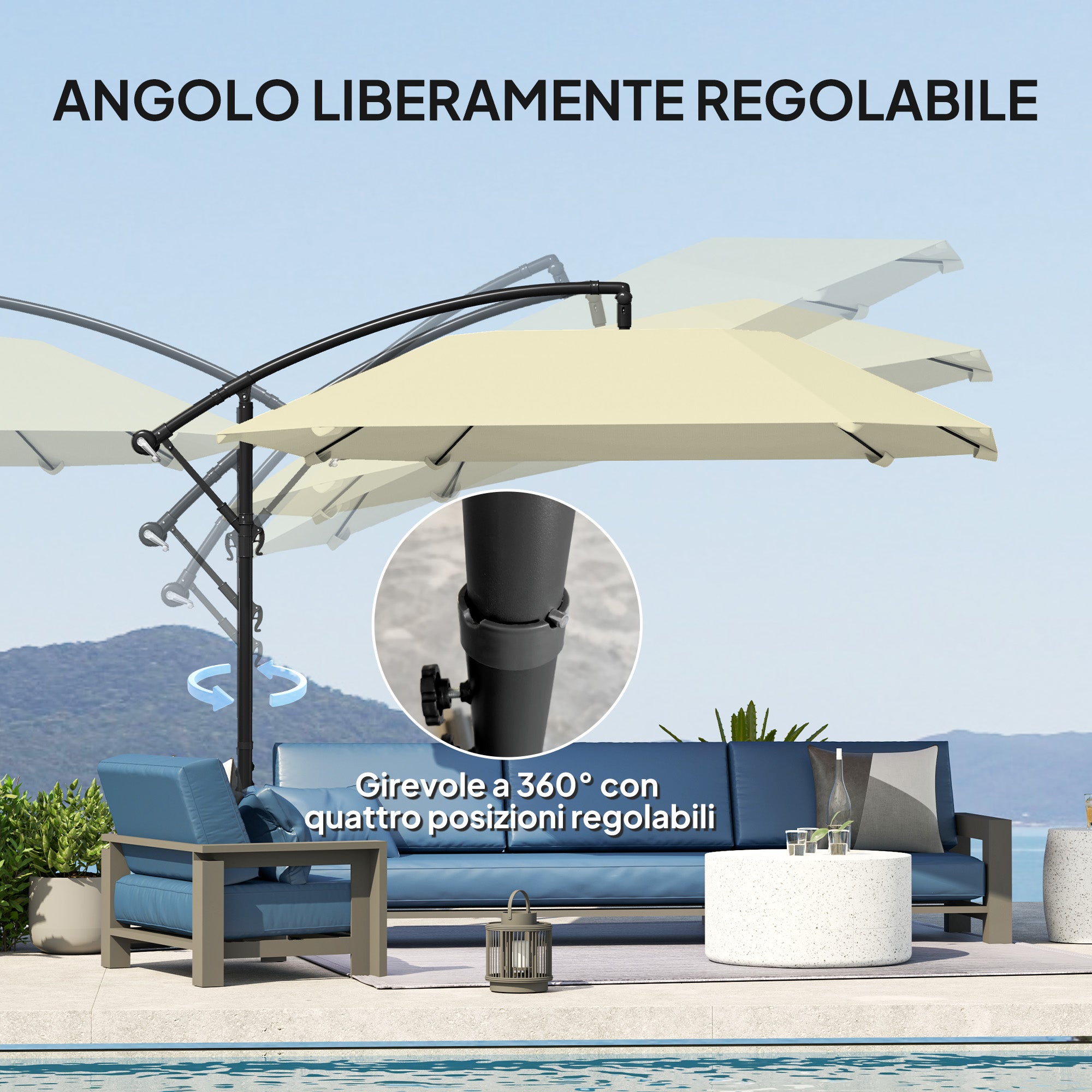 Offset Umbrella 2.6x2.6 m with Air Vents, 8 Ribs, Cross Base, and Crank, Tiltable and 360° Rotating Garden Umbrella in Metal and Polyester 180 g/m², Cream