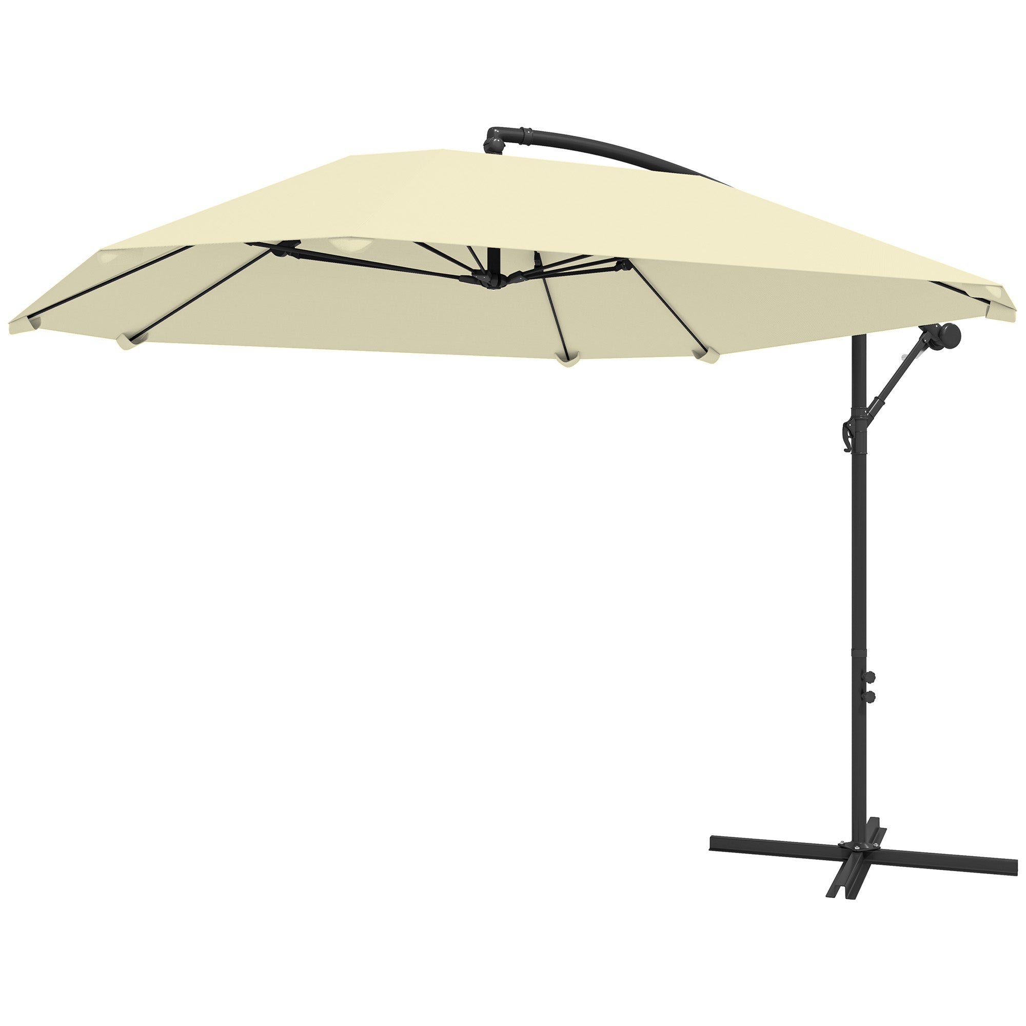 Offset Umbrella 2.6x2.6 m with Air Vents, 8 Ribs, Cross Base, and Crank, Tiltable and 360° Rotating Garden Umbrella in Metal and Polyester 180 g/m², Cream