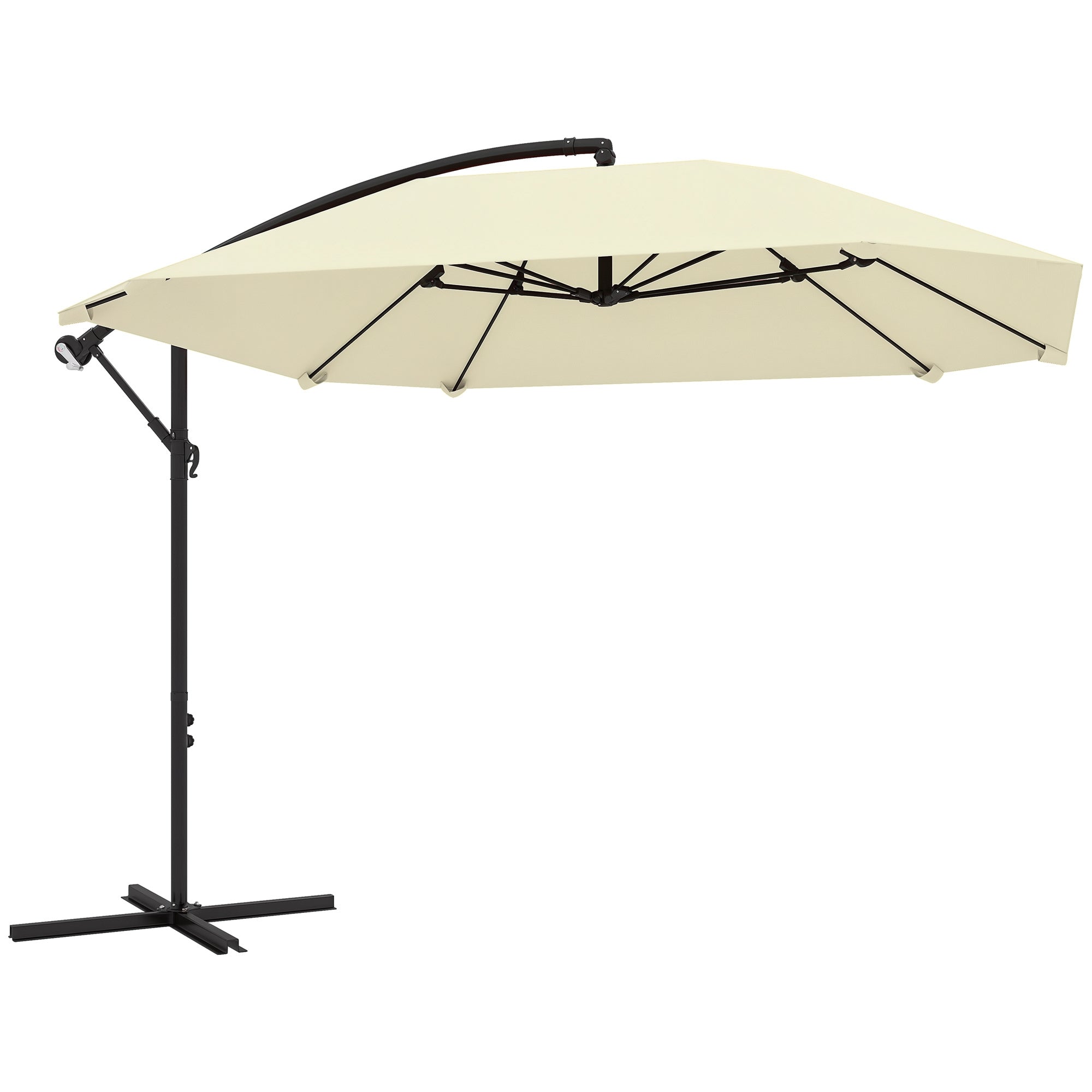 Offset Umbrella 2.6x2.6 m with Air Vents, 8 Ribs, Cross Base, and Crank, Tiltable and 360° Rotating Garden Umbrella in Metal and Polyester 180 g/m², Cream