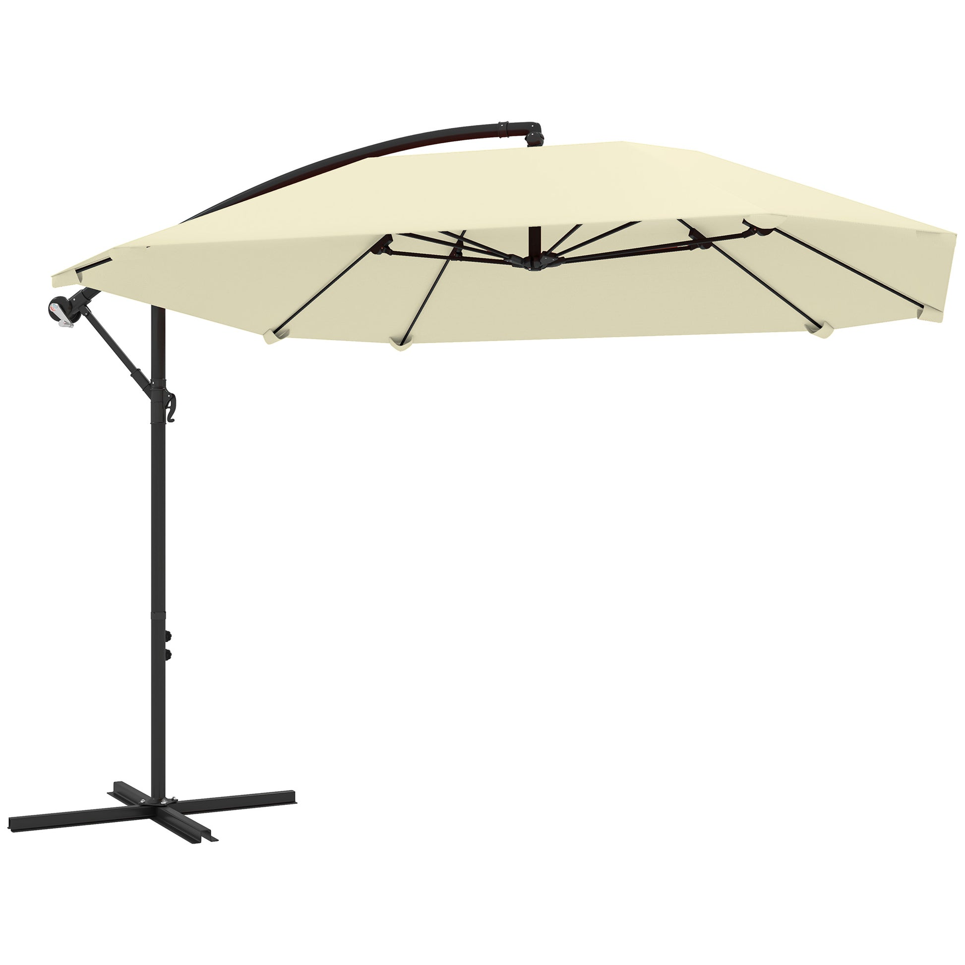 Offset Umbrella 2.6x2.6 m with Air Vents, 8 Ribs, Cross Base, and Crank, Tiltable and 360° Rotating Garden Umbrella in Metal and Polyester 180 g/m², Cream
