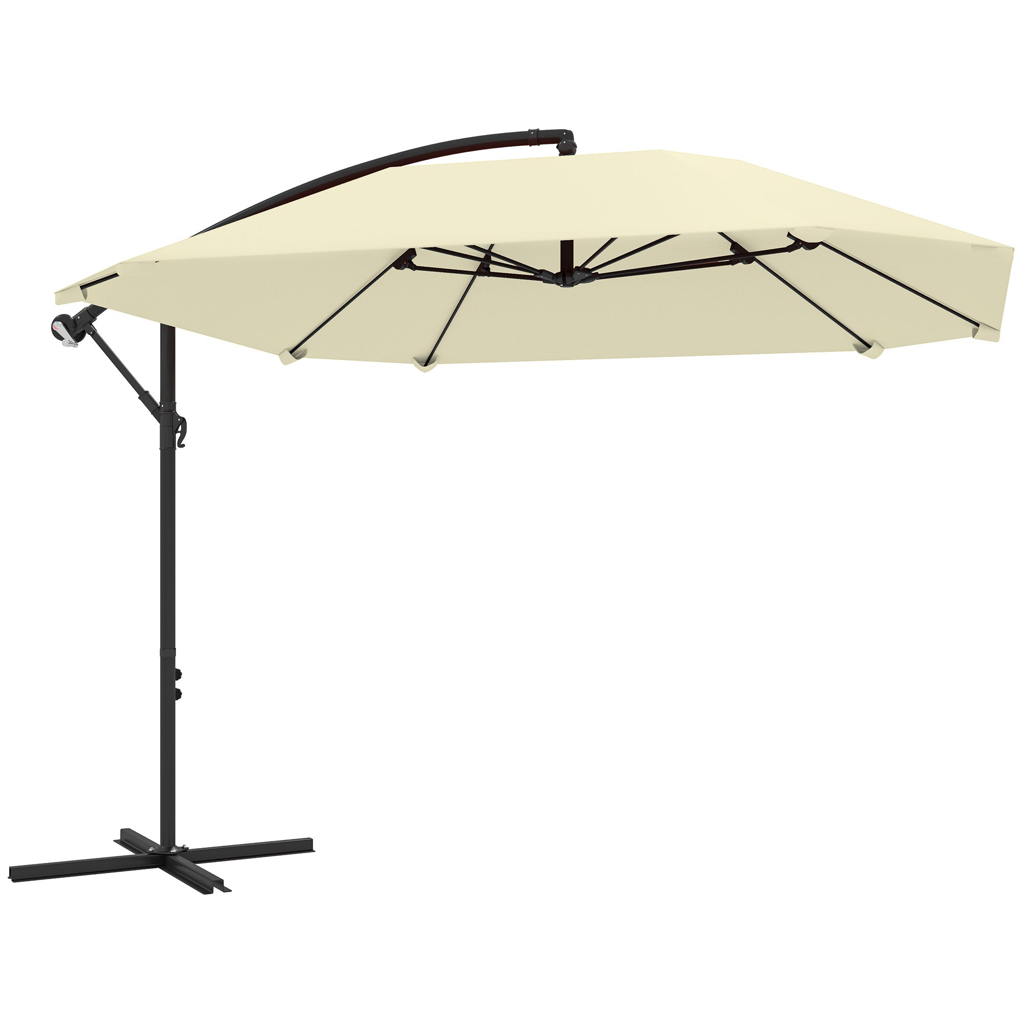 Offset Umbrella 2.6x2.6 m with Air Vents, 8 Ribs, Cross Base, and Crank, Tiltable and 360° Rotating Garden Umbrella in Metal and Polyester 180 g/m², Cream