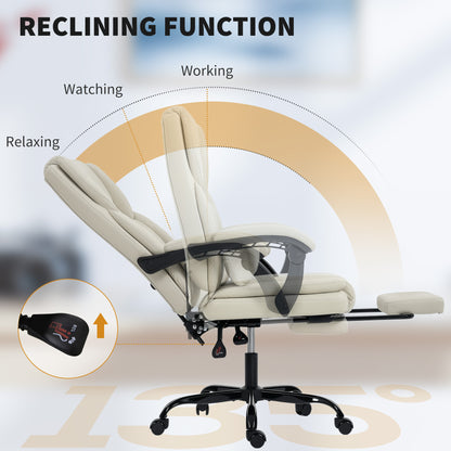 Ergonomic Office Chair with Adjustable Backrest, Retractable Footrest, Padded Faux Leather Swivel Seat, Height Adjustable — Beige
