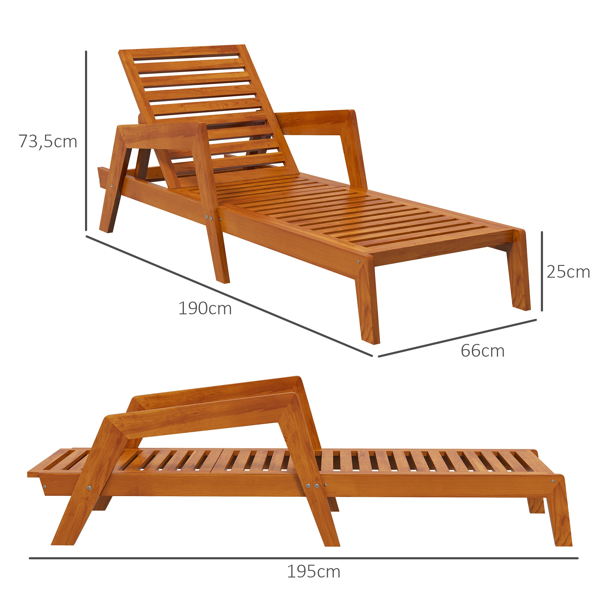 Sun Lounger, Wooden Garden Lounger, Recliner, Weatherproof Relaxation Chair for Balcony, Terrace, Supports up to 120 kg, Orange, 66 x 190 x 73.5 cm