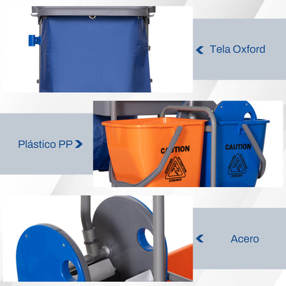 Cleaning Trolley with Trash Bag Service Cart with 18L Mop Buckets Press Wringer and Shelves for Hotel 111x63.3x103 cm Multicolor