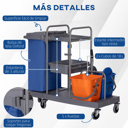 Cleaning Trolley with Trash Bag Service Cart with 18L Mop Buckets Press Wringer and Shelves for Hotel 111x63.3x103 cm Multicolor