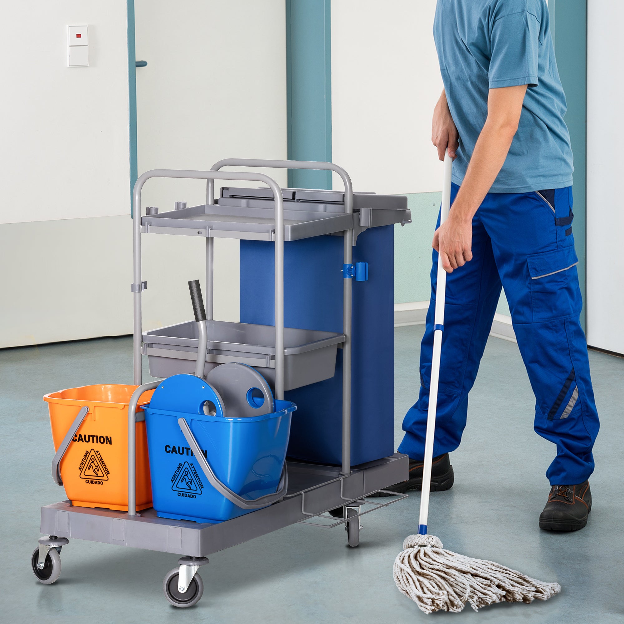 Cleaning Trolley with Trash Bag Service Cart with 18L Mop Buckets Press Wringer and Shelves for Hotel 111x63.3x103 cm Multicolor