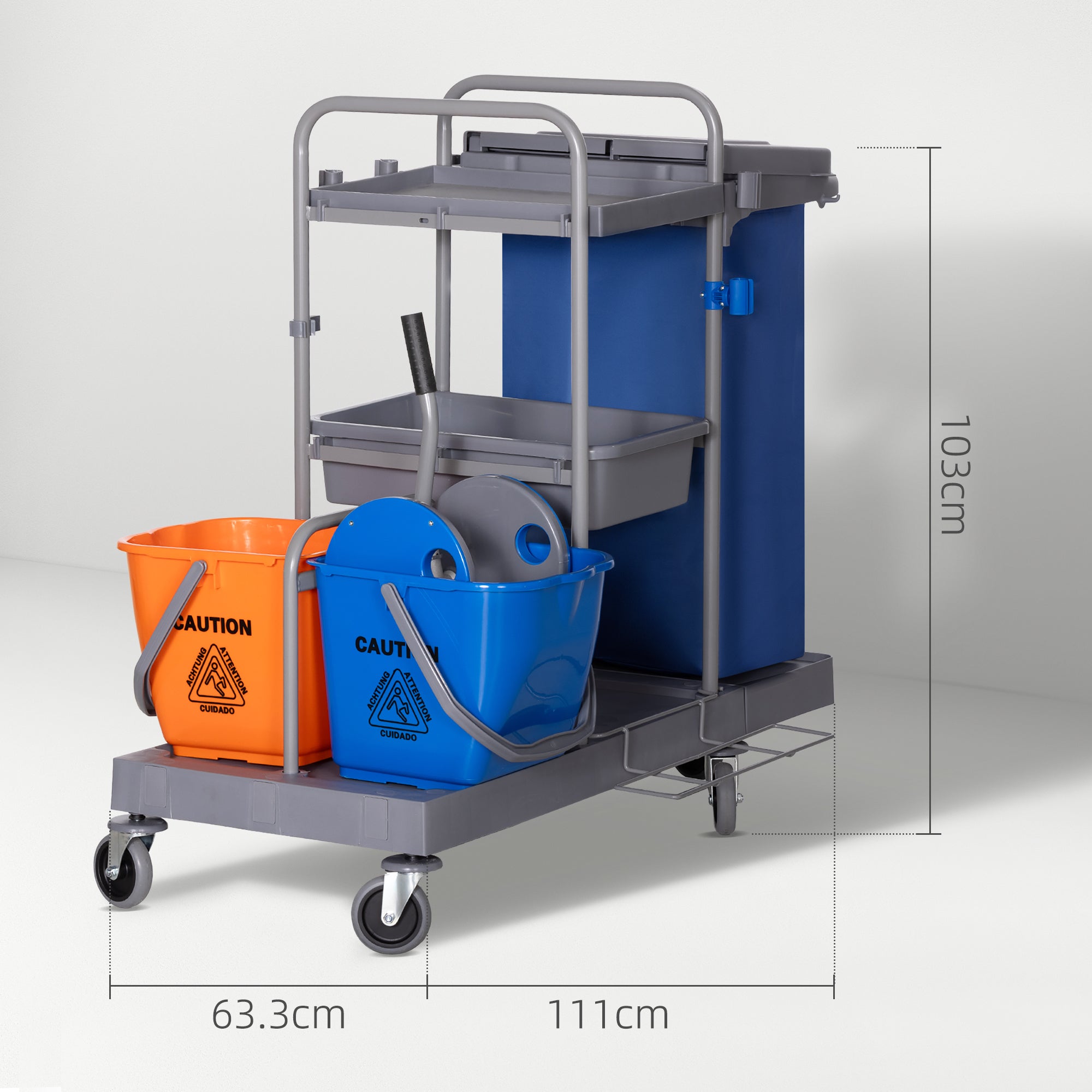 Cleaning Trolley with Trash Bag Service Cart with 18L Mop Buckets Press Wringer and Shelves for Hotel 111x63.3x103 cm Multicolor