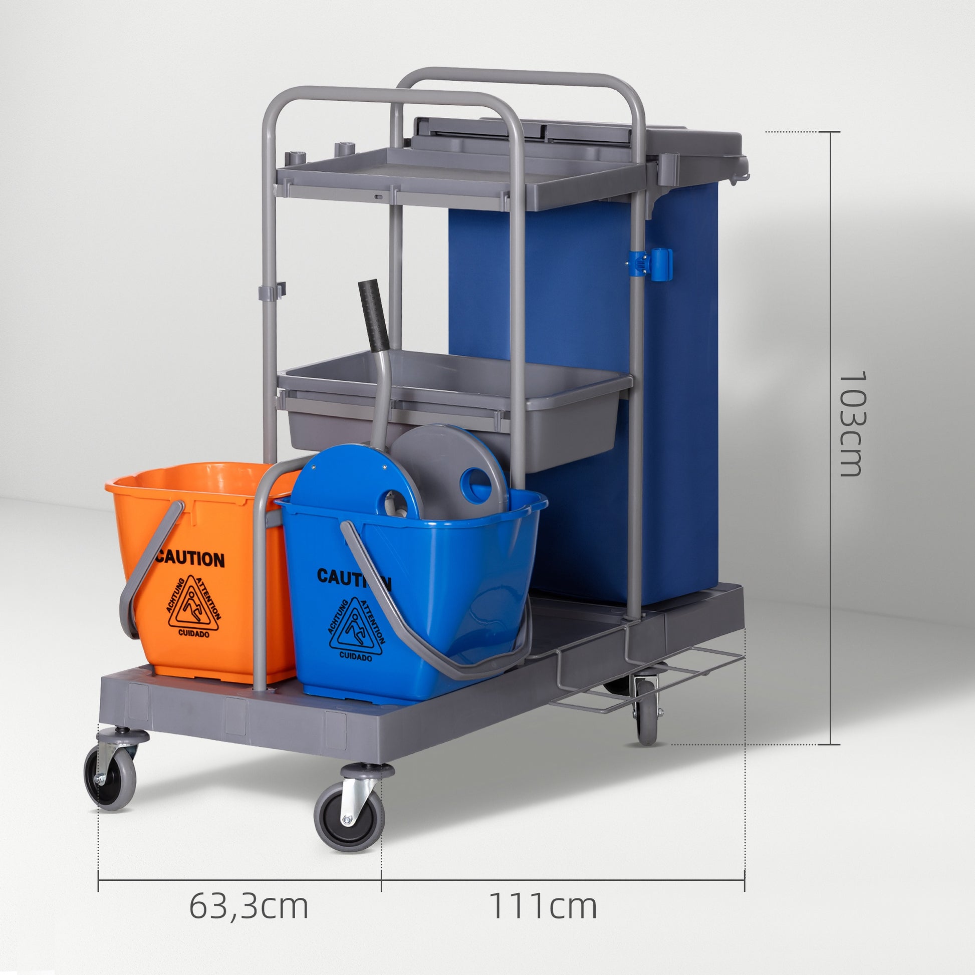 Cleaning Trolley with Trash Bag Service Cart with 18L Mop Buckets Press Wringer and Shelves for Hotel 111x63.3x103 cm Multicolor