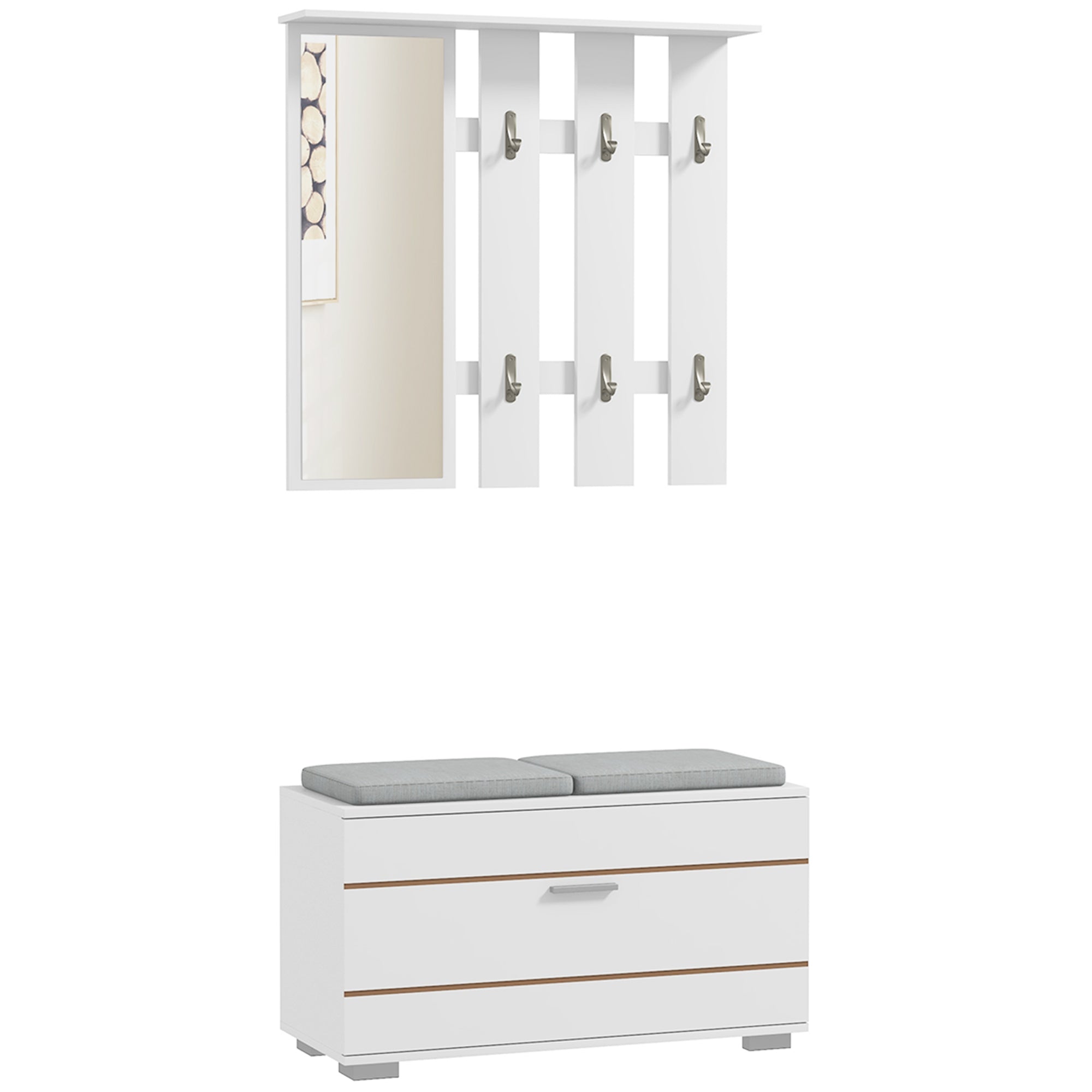 4 in 1 Furniture Set for Entryway with Coat Rack, Mirror, Bench with Cushions, and Shoe Cabinet for 8 Pairs of Shoes, White