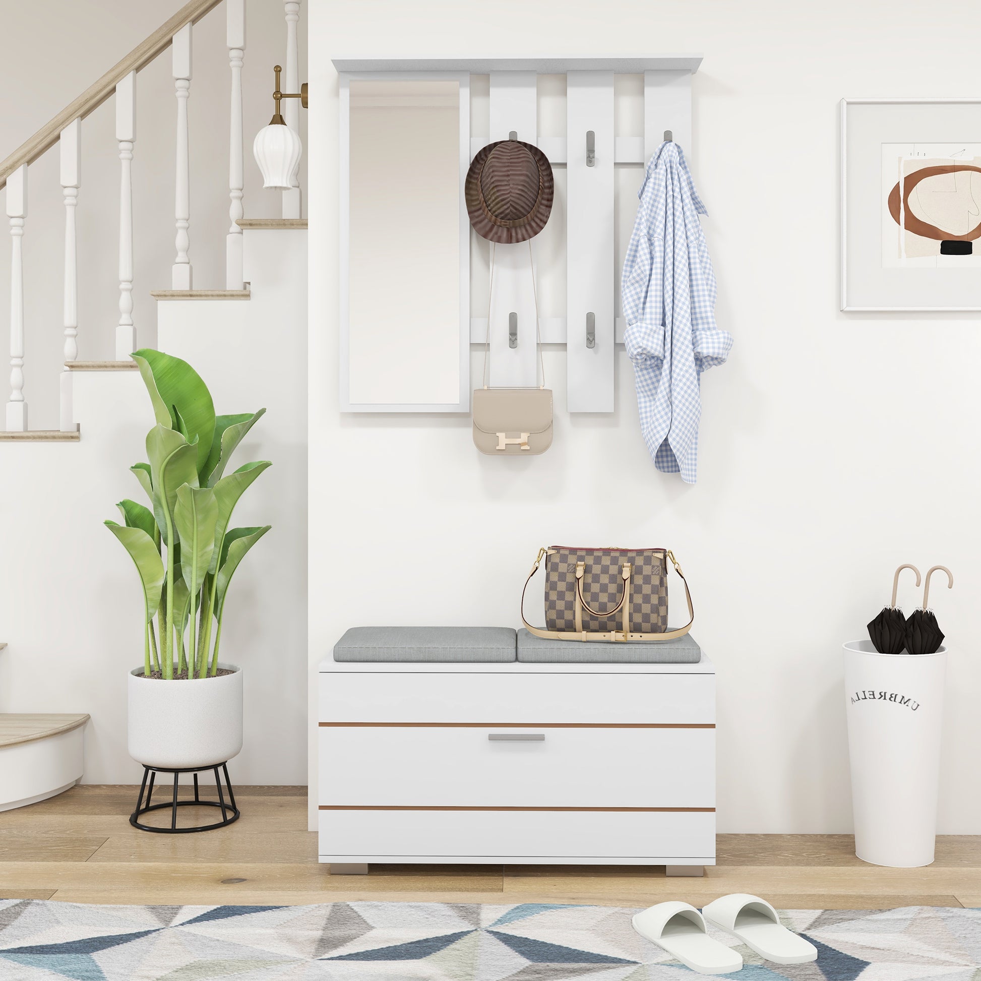 4 in 1 Furniture Set for Entryway with Coat Rack, Mirror, Bench with Cushions, and Shoe Cabinet for 8 Pairs of Shoes, White