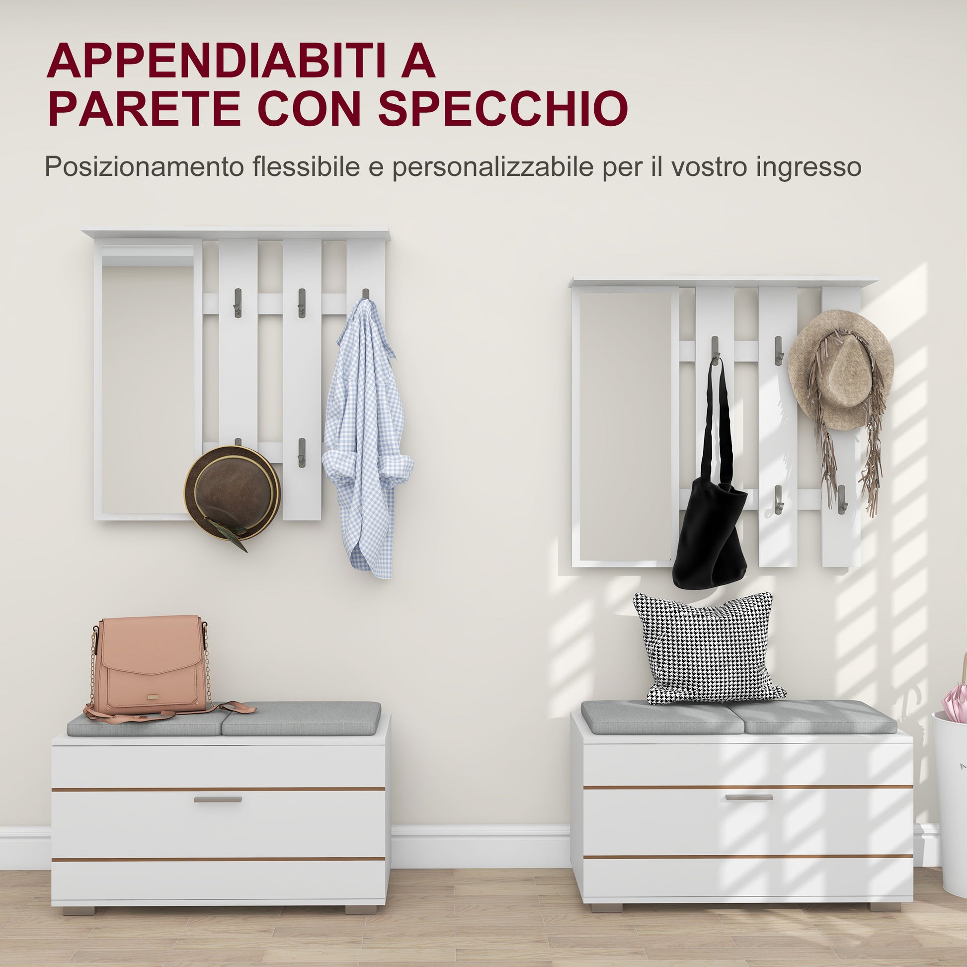 4 in 1 Furniture Set for Entryway with Coat Rack, Mirror, Bench with Cushions, and Shoe Cabinet for 8 Pairs of Shoes, White