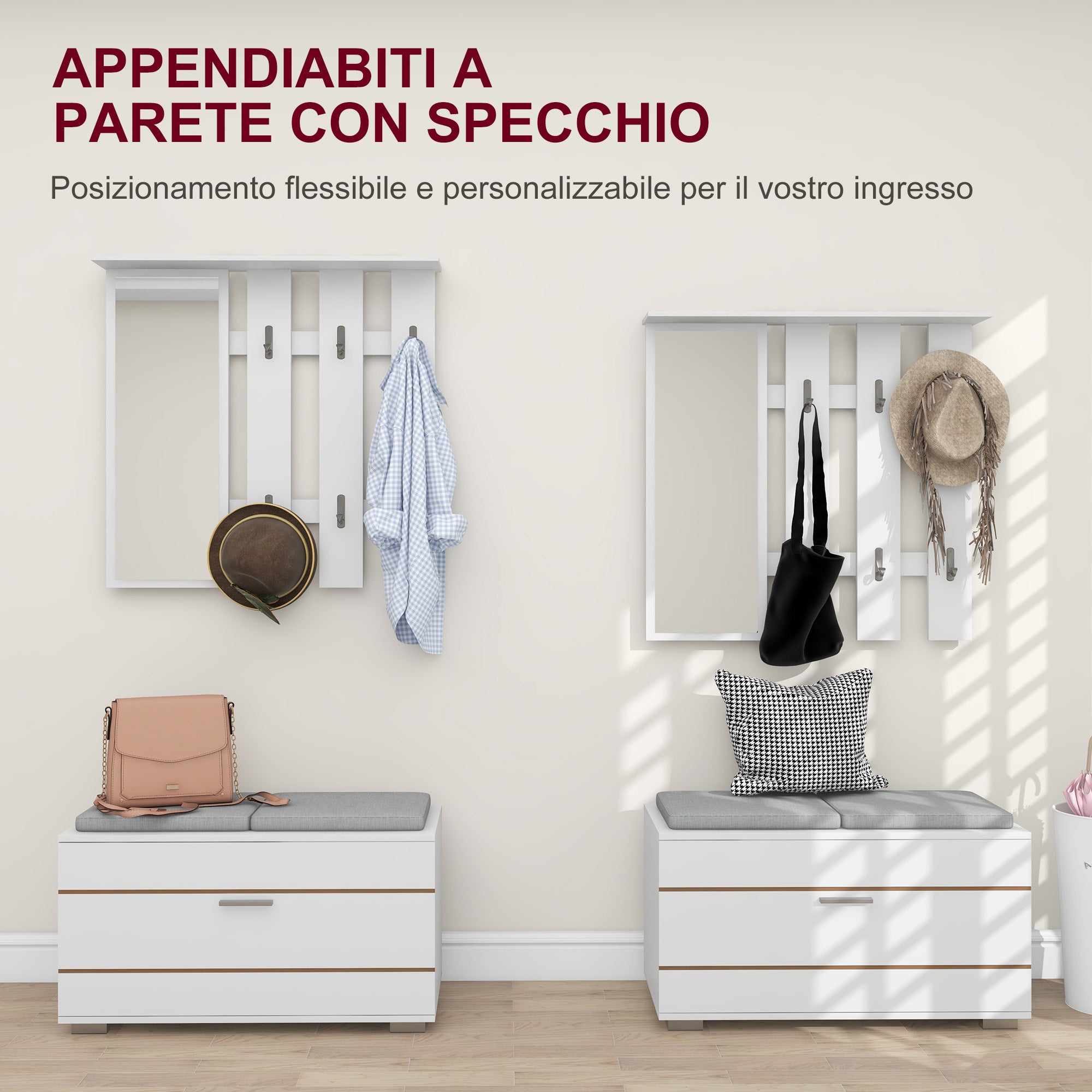 4 in 1 Furniture Set for Entryway with Coat Rack, Mirror, Bench with Cushions, and Shoe Cabinet for 8 Pairs of Shoes, White