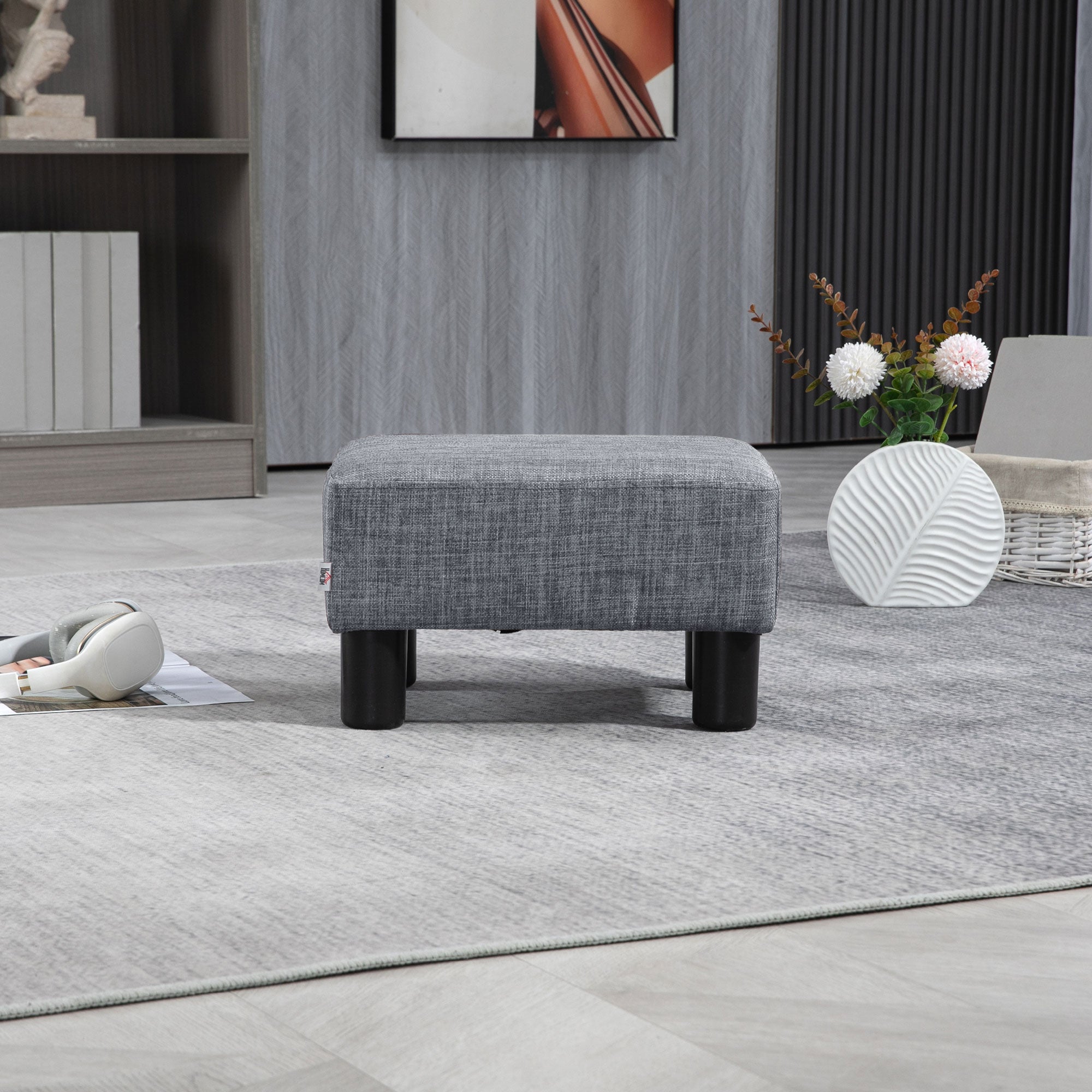 Upholstered Footstool Ottoman with Linen-Look Modern Footrest Stool for Bedroom, Living Room, Gray