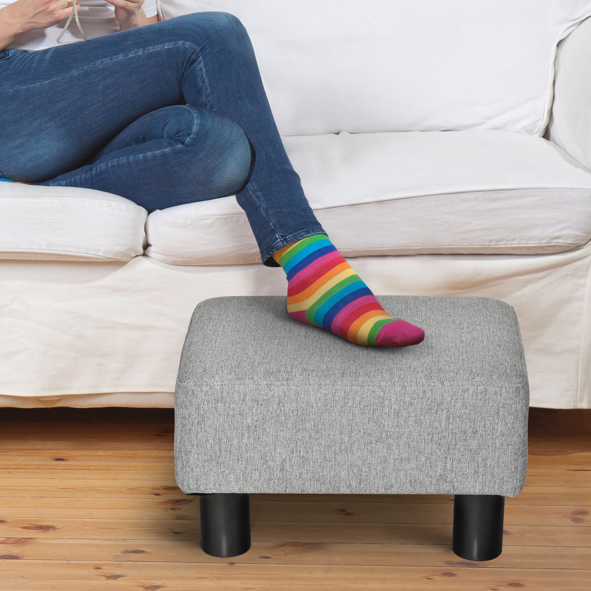 Upholstered Footstool Ottoman with Linen-Look Modern Footrest Stool for Bedroom, Living Room, Gray