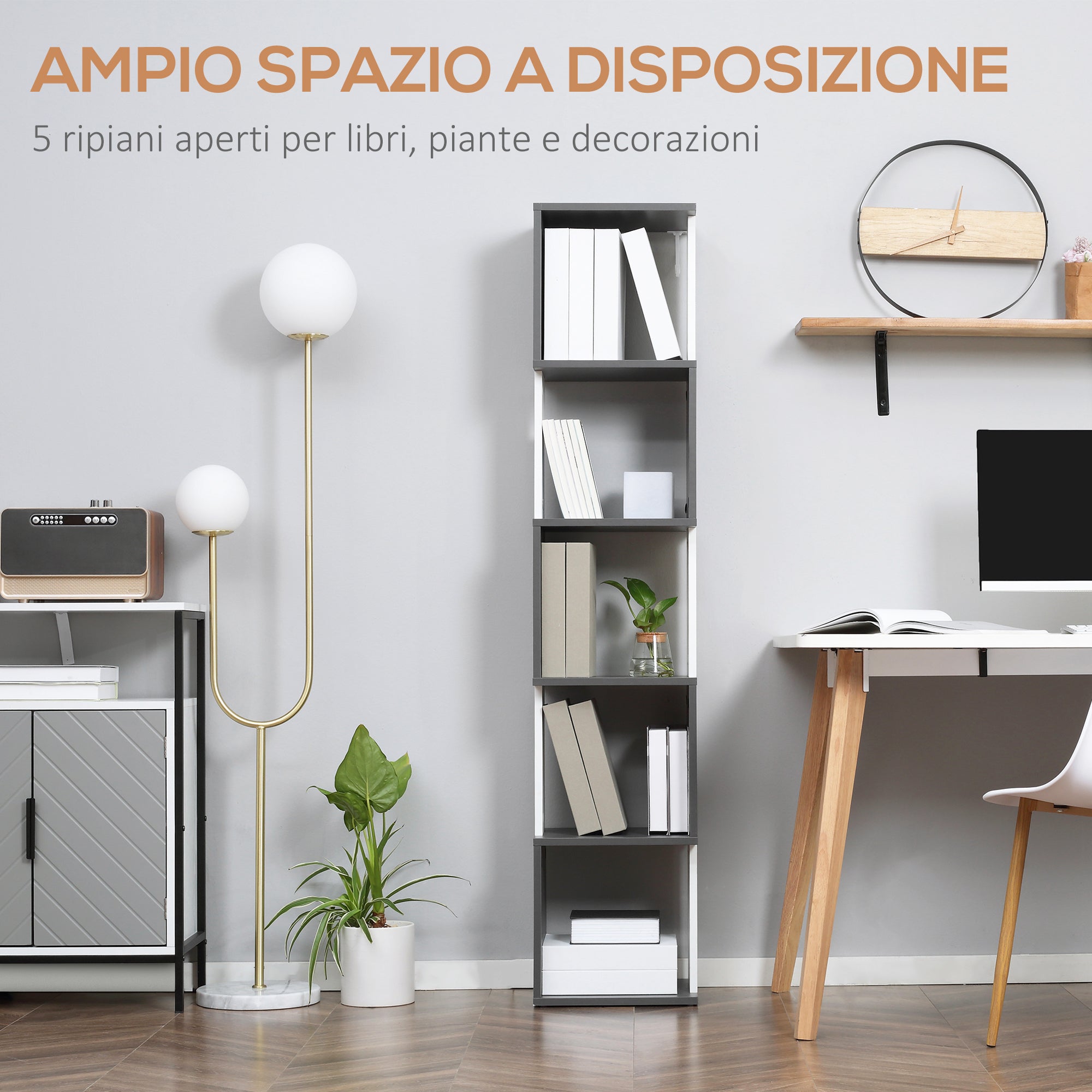 Modern 5-Shelf Wooden Bookcase, Wall-Mounted Space-Saving Bookshelf for Home and Office, 33x28x161cm, Dark Grey and Cream White