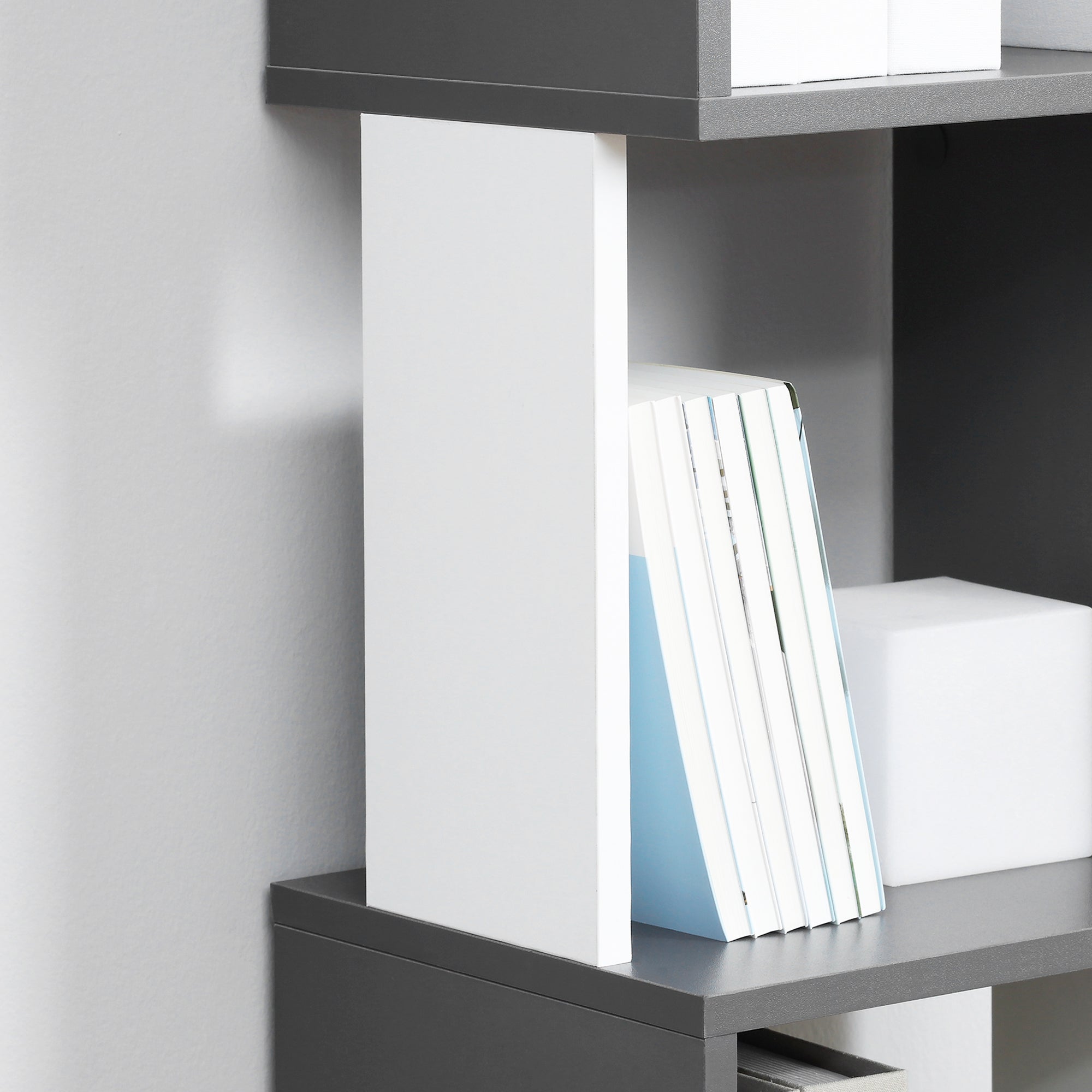 Modern 5-Shelf Wooden Bookcase, Wall-Mounted Space-Saving Bookshelf for Home and Office, 33x28x161cm, Dark Grey and Cream White